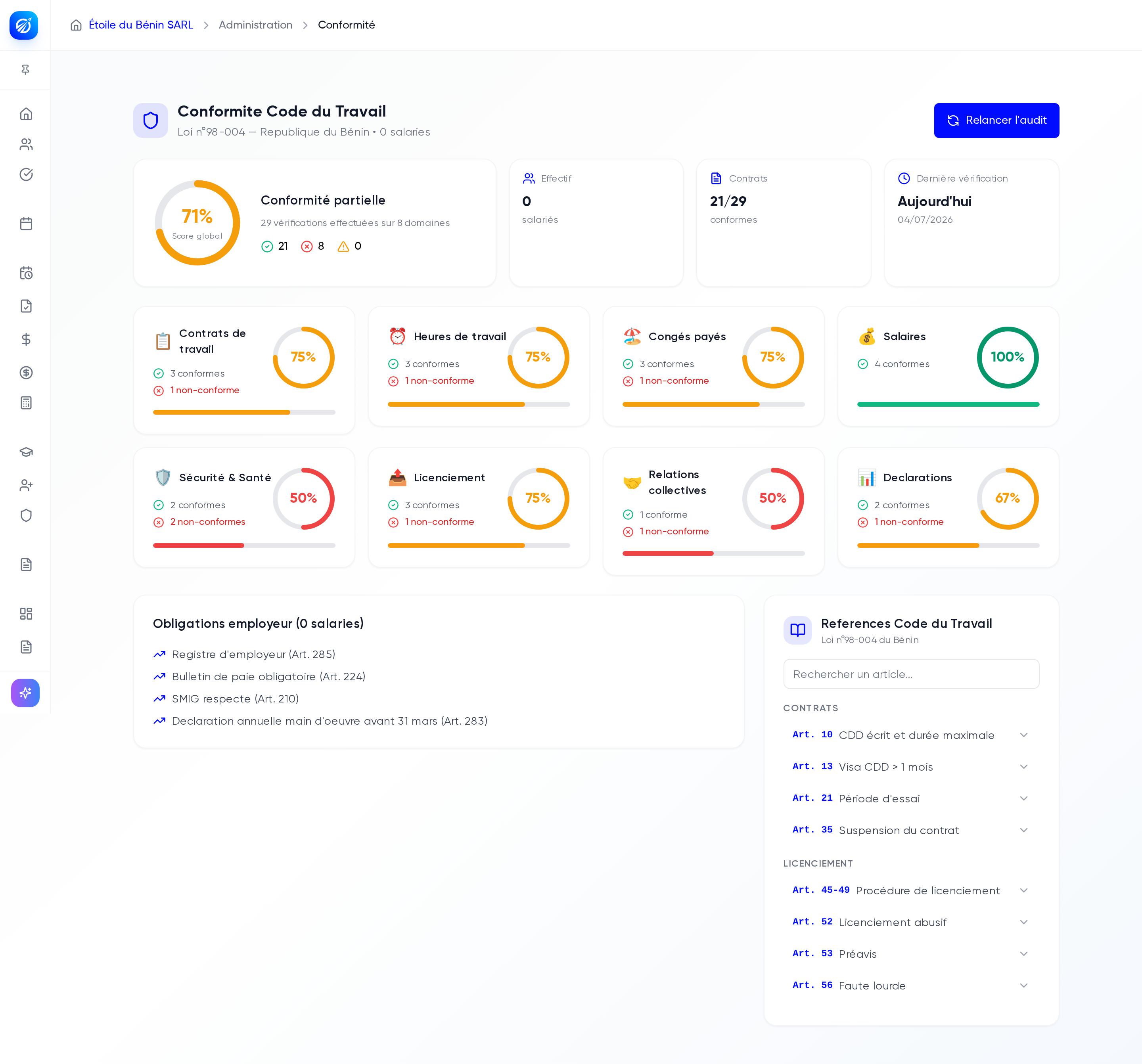 Tableau de bord Conformité Code du Travail avec le score global, les cartes de domaines et les obligations employeur
