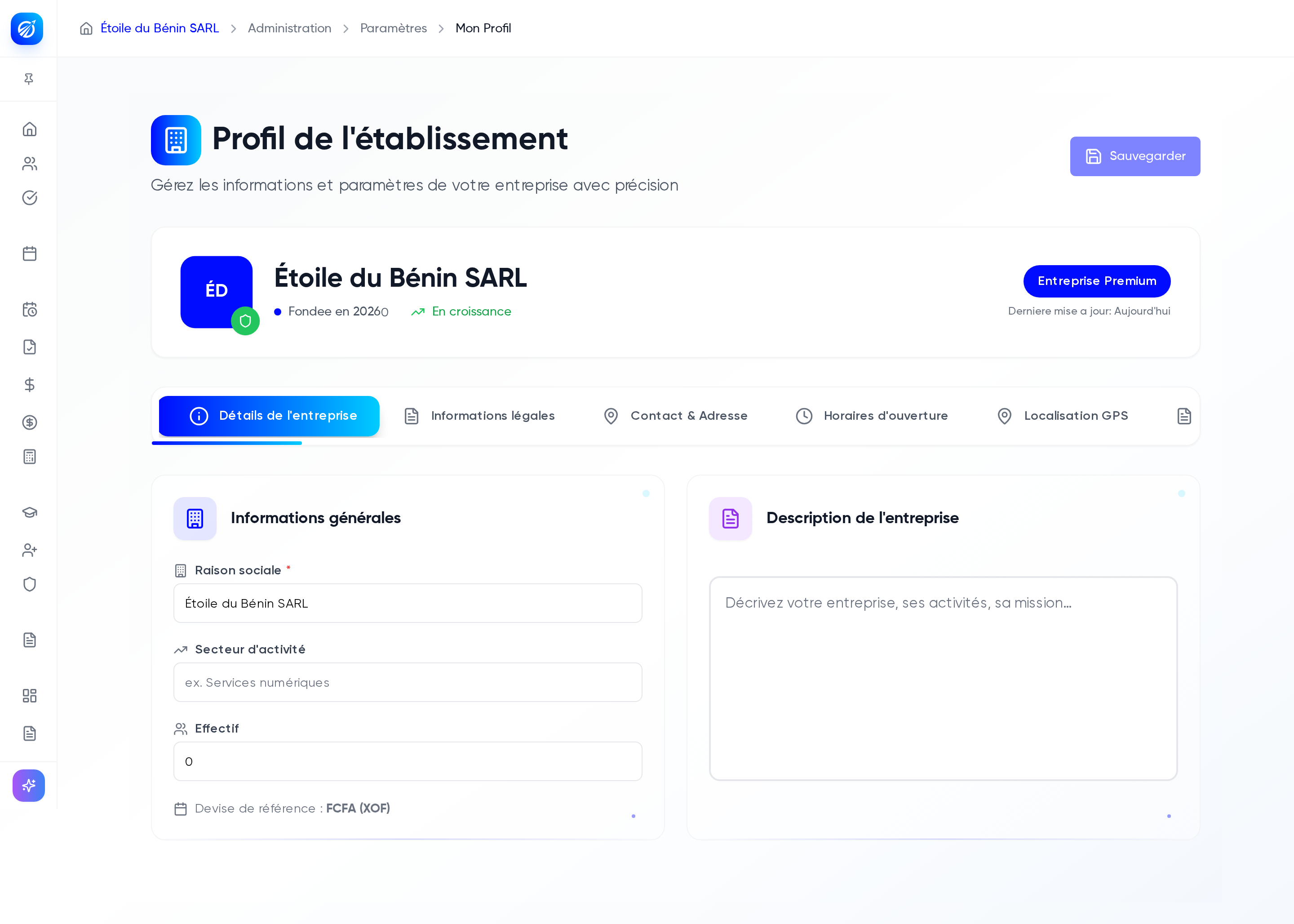 Profil de l'établissement avec ses onglets et l'onglet Détails de l'entreprise ouvert