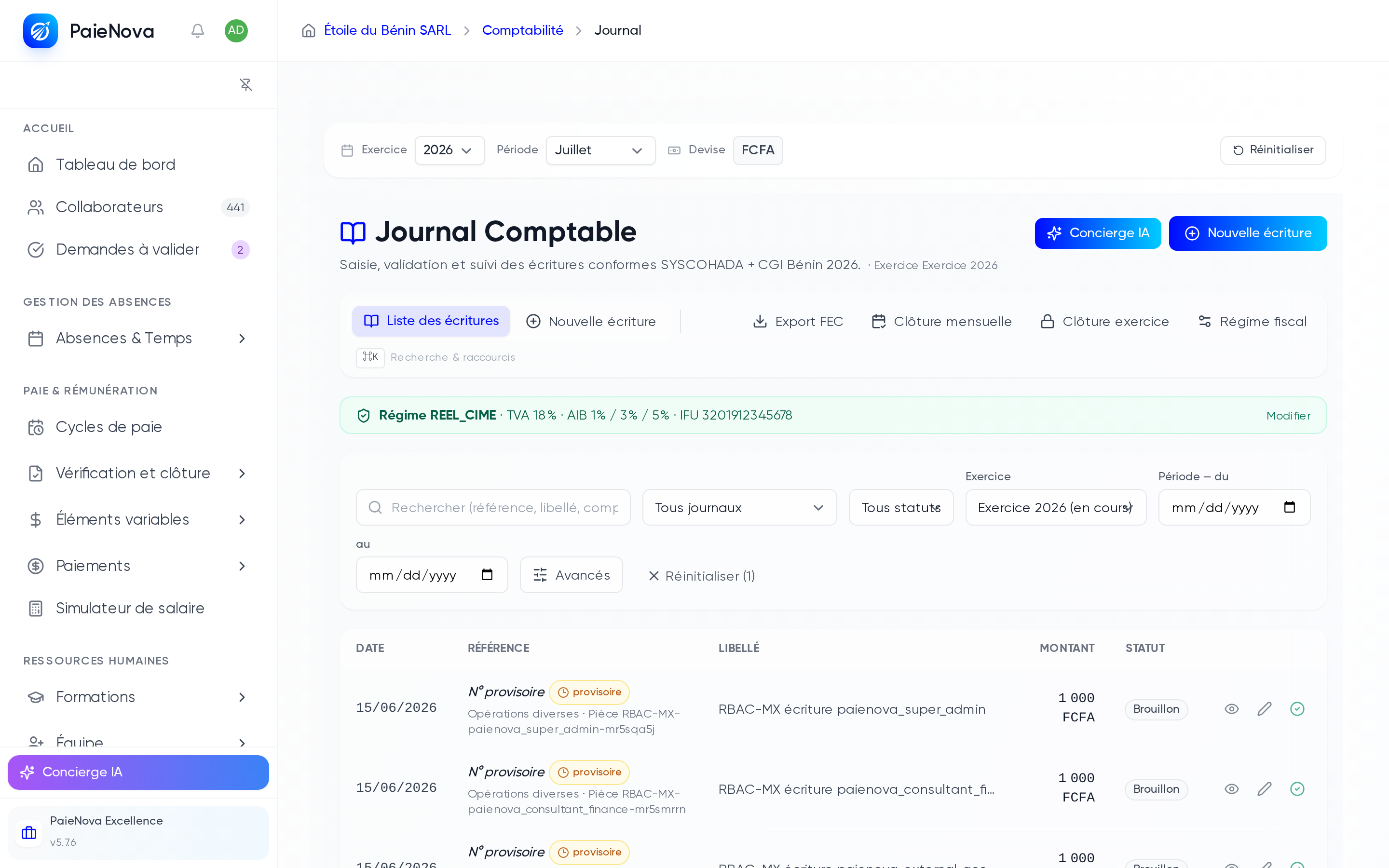 Sidebar de PaieNova dépliée sur le journal comptable, avec le bouton Concierge IA en dégradé violet et bleu ancré en bas du menu