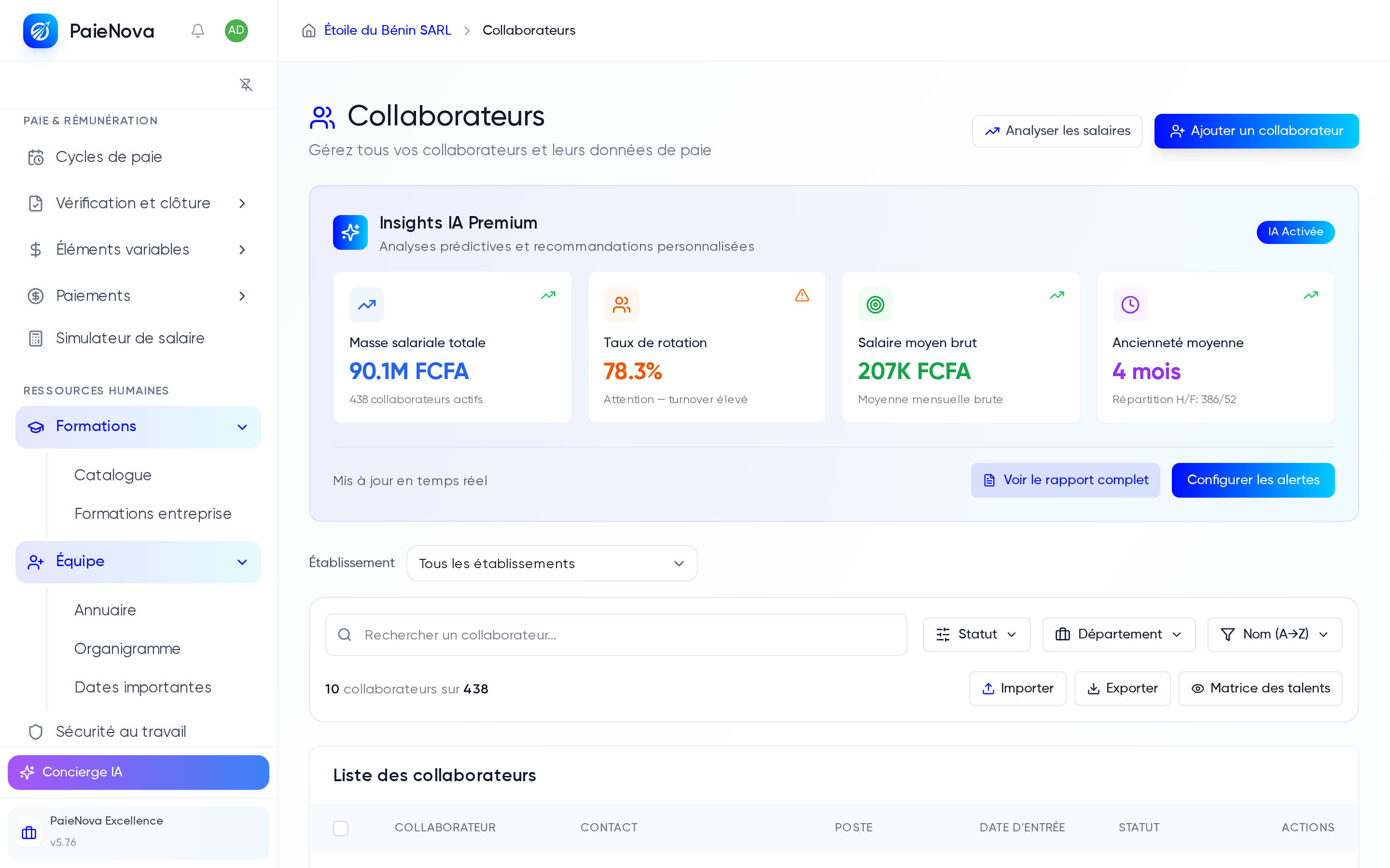 Page Collaborateurs avec la barre latérale épinglée et le groupe Ressources humaines déplié