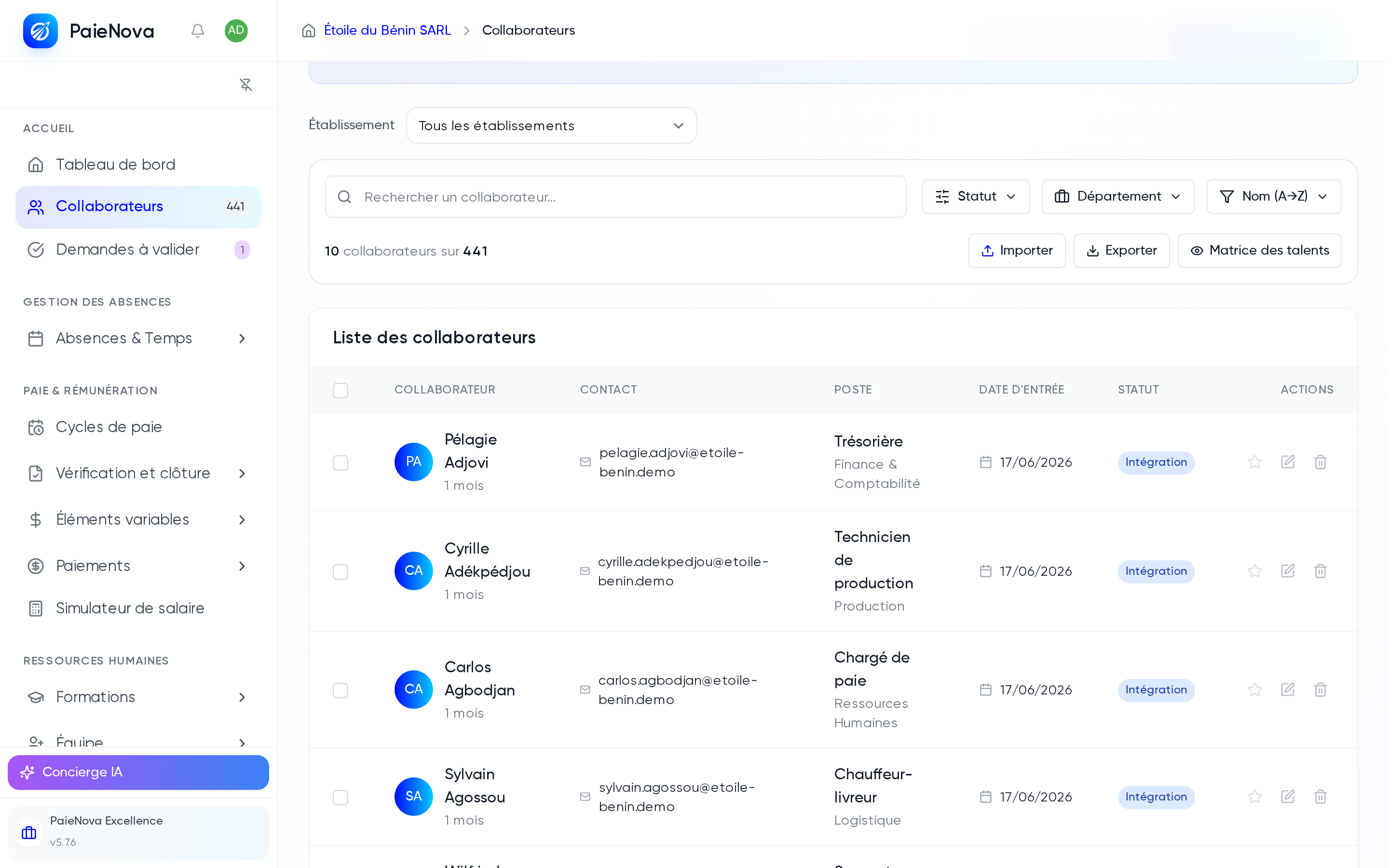 Page Collaborateurs avec la recherche, les filtres par statut et département et la liste des collaborateurs
