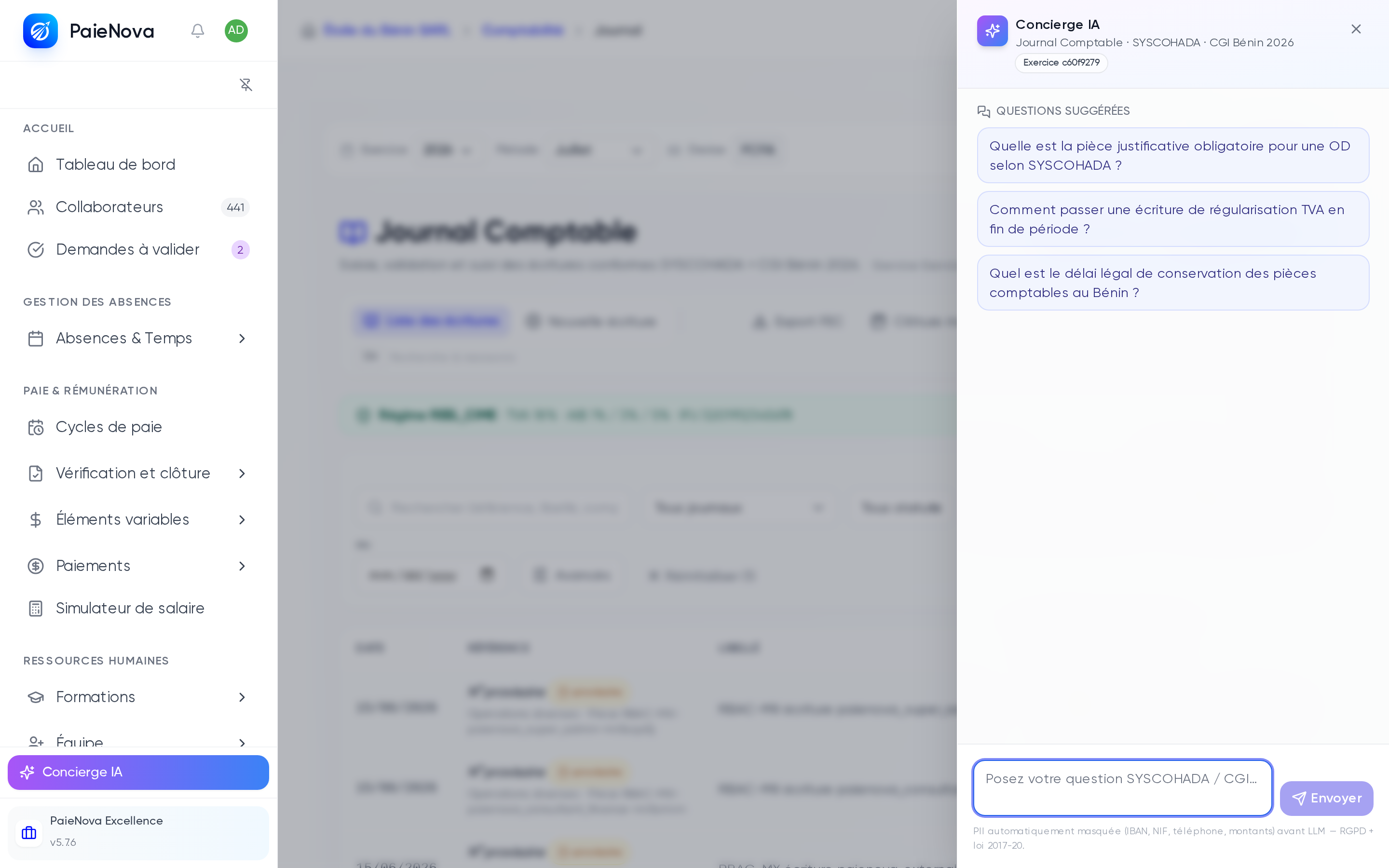 Panneau Concierge IA ouvert sur le journal comptable, état vide avec les trois questions suggérées du module Journal et la zone de saisie