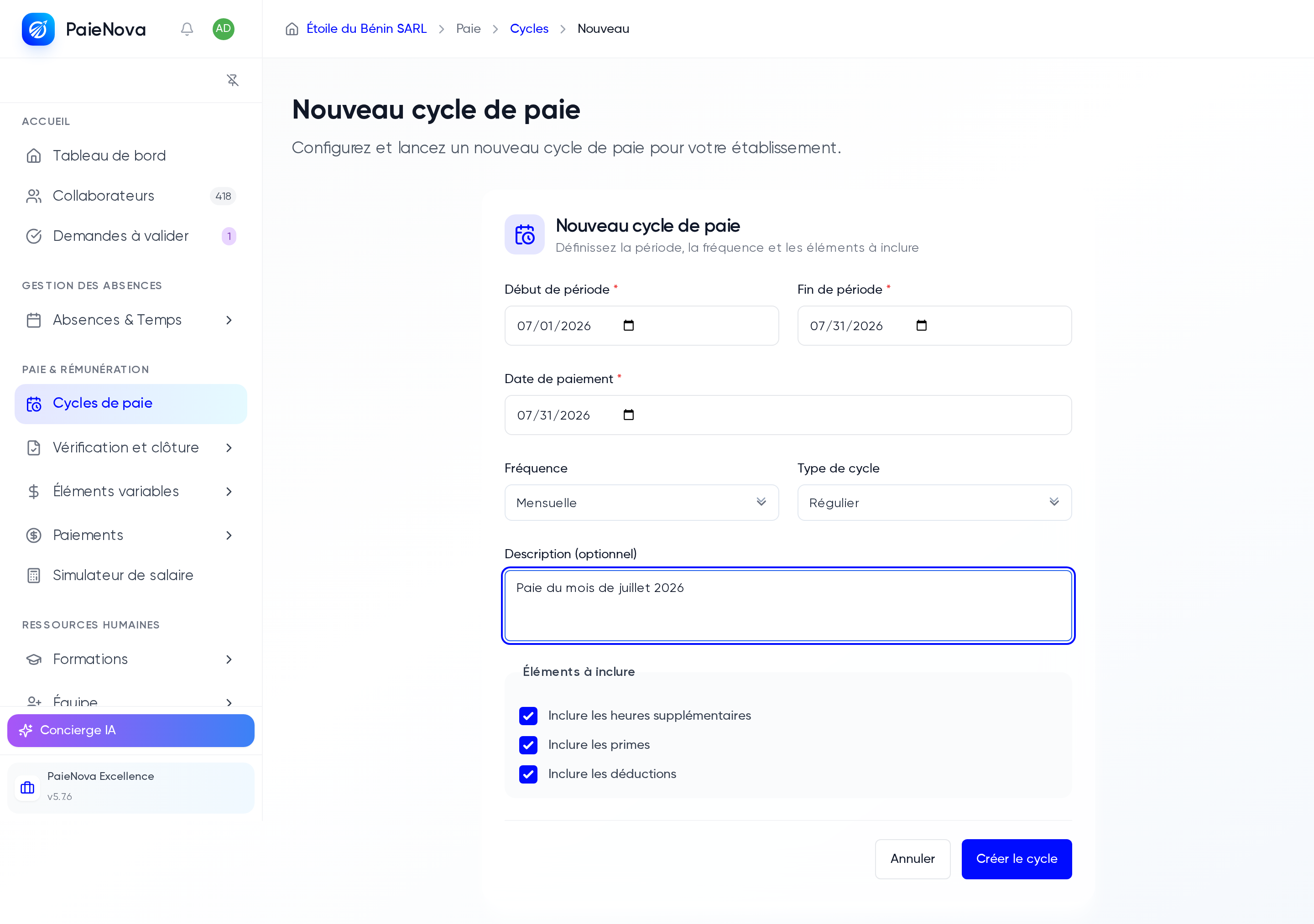Formulaire Nouveau cycle de paie rempli avec la période, la date de paiement, la fréquence, le type de cycle et les éléments à inclure