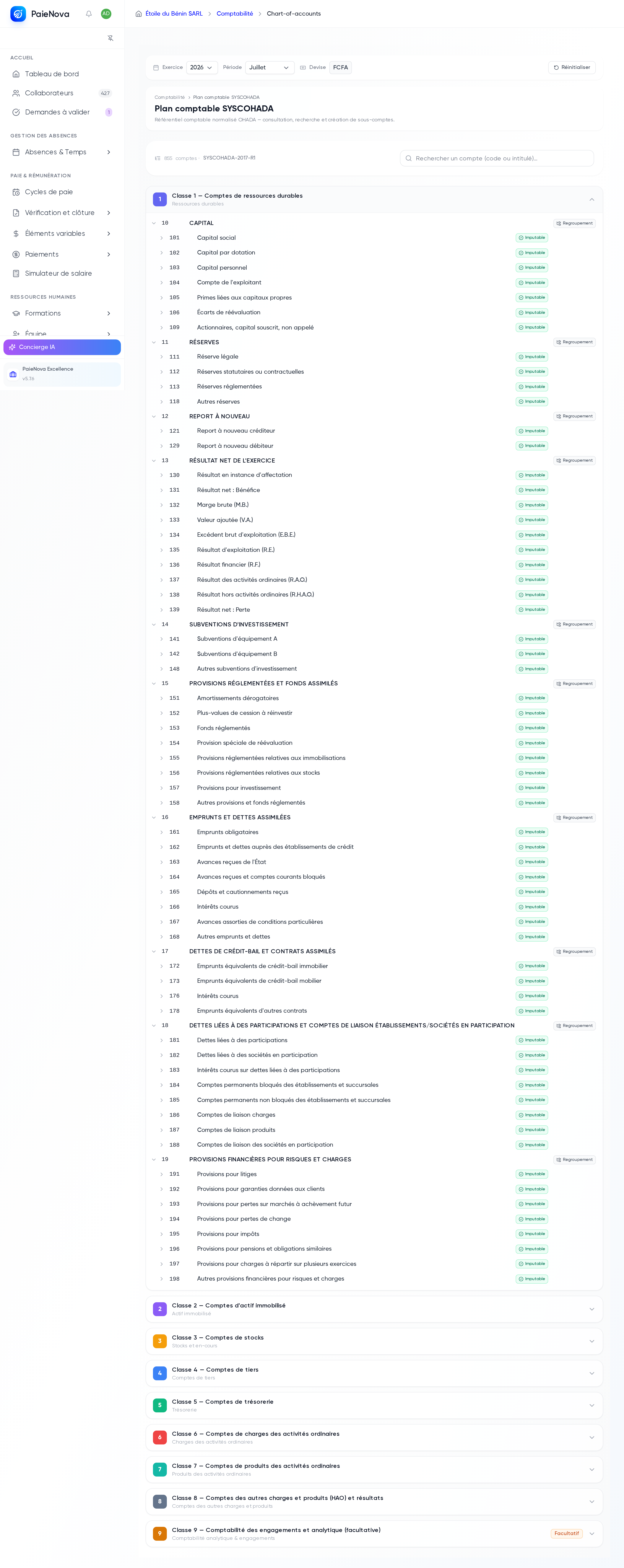 Arborescence du plan comptable SYSCOHADA organisée par classes avec le compteur de comptes du référentiel