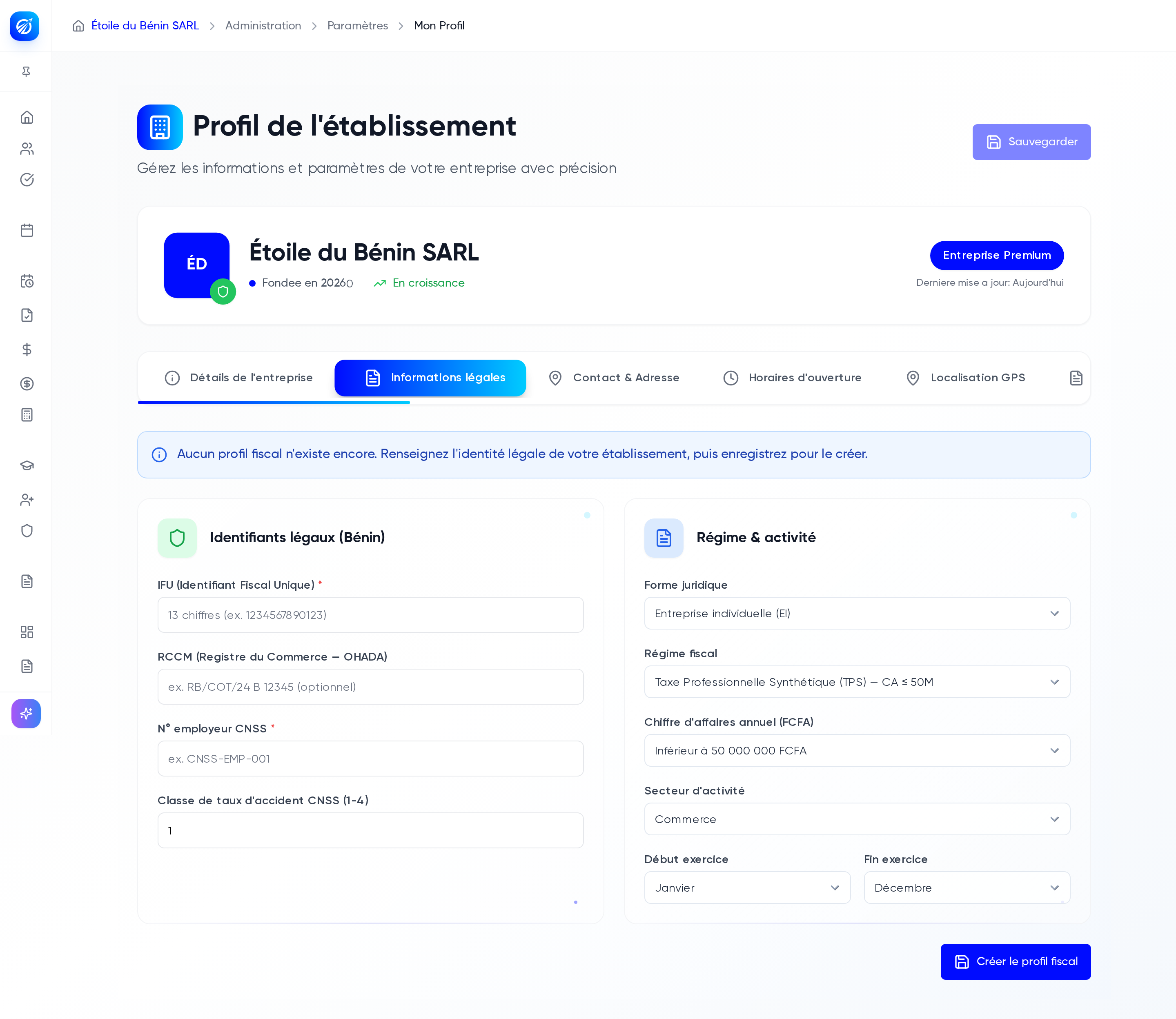 Onglet Informations légales avec les champs IFU, RCCM, numéro employeur CNSS et régime fiscal