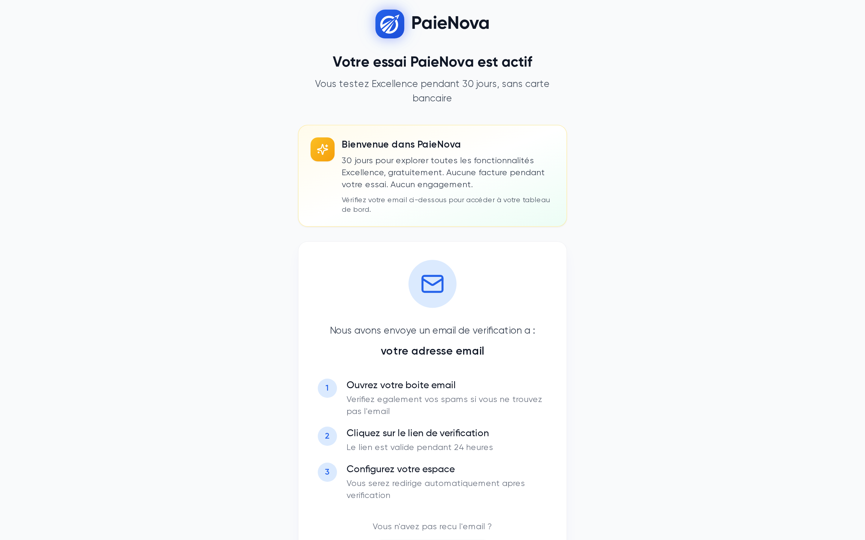 Page de vérification d'email avec la carte de bienvenue de l'essai Excellence et les trois étapes à suivre