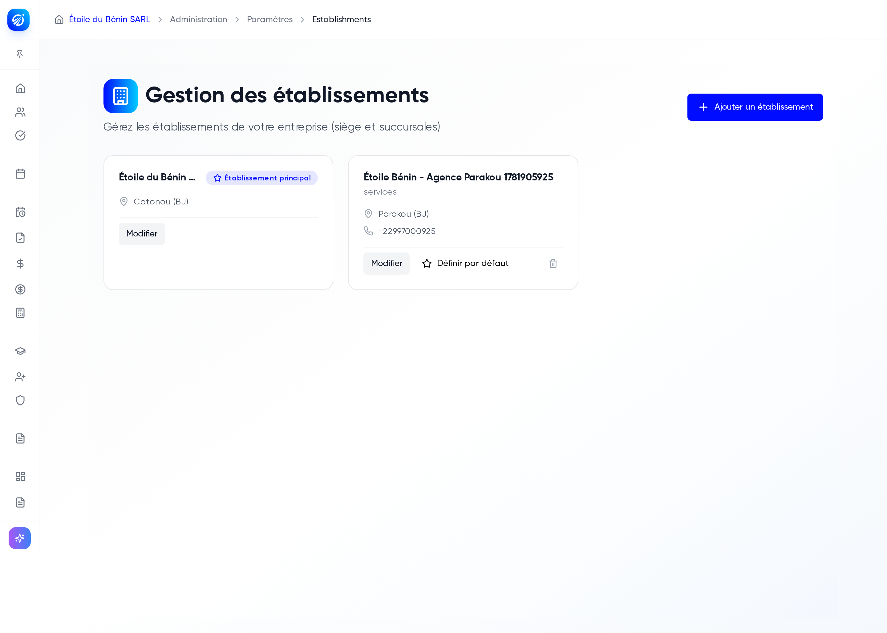 Liste des établissements avec le siège en tête et le bouton Ajouter un établissement
