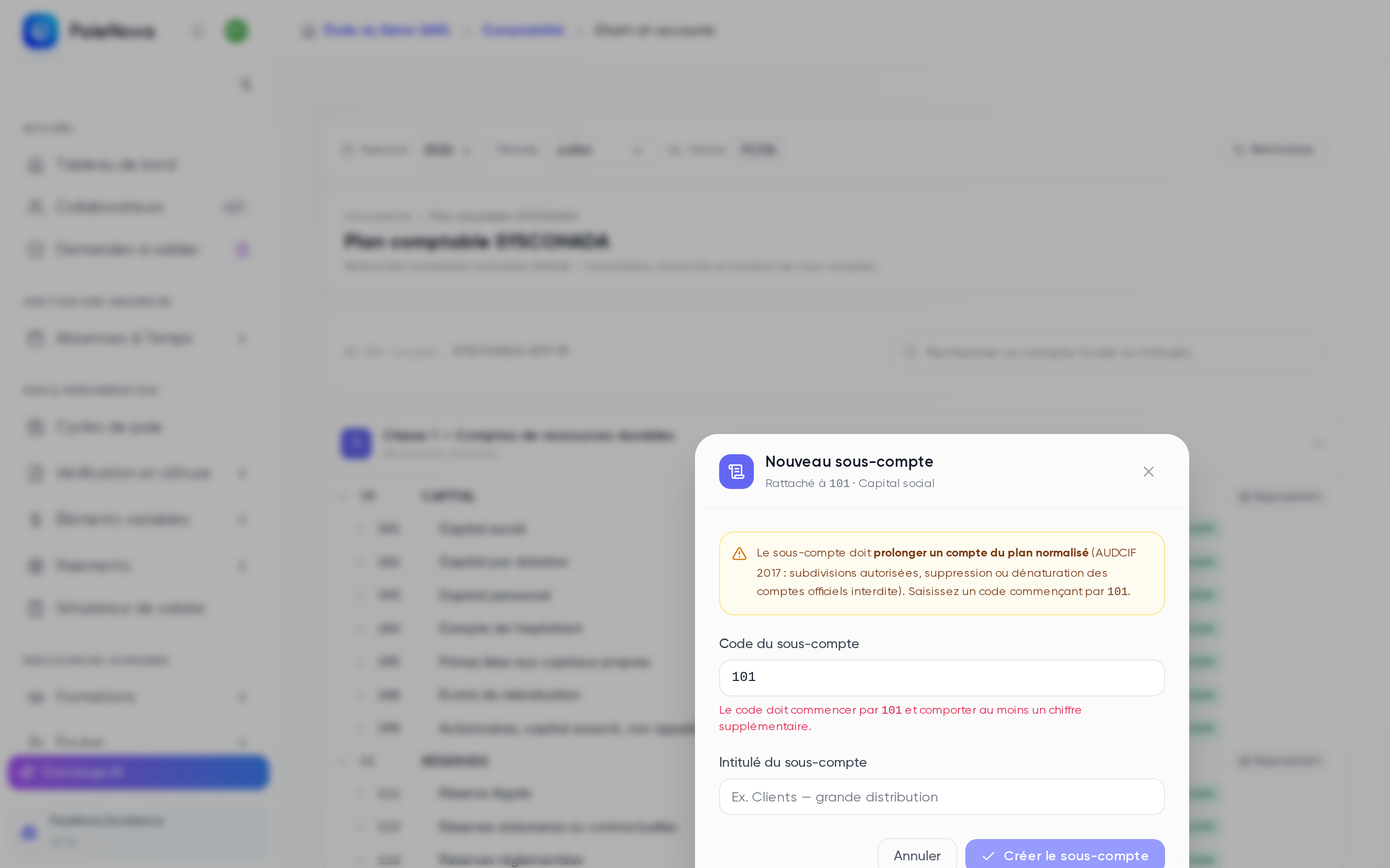 Fenêtre de création d'un sous-compte personnalisé avec les règles de validation SYSCOHADA affichées