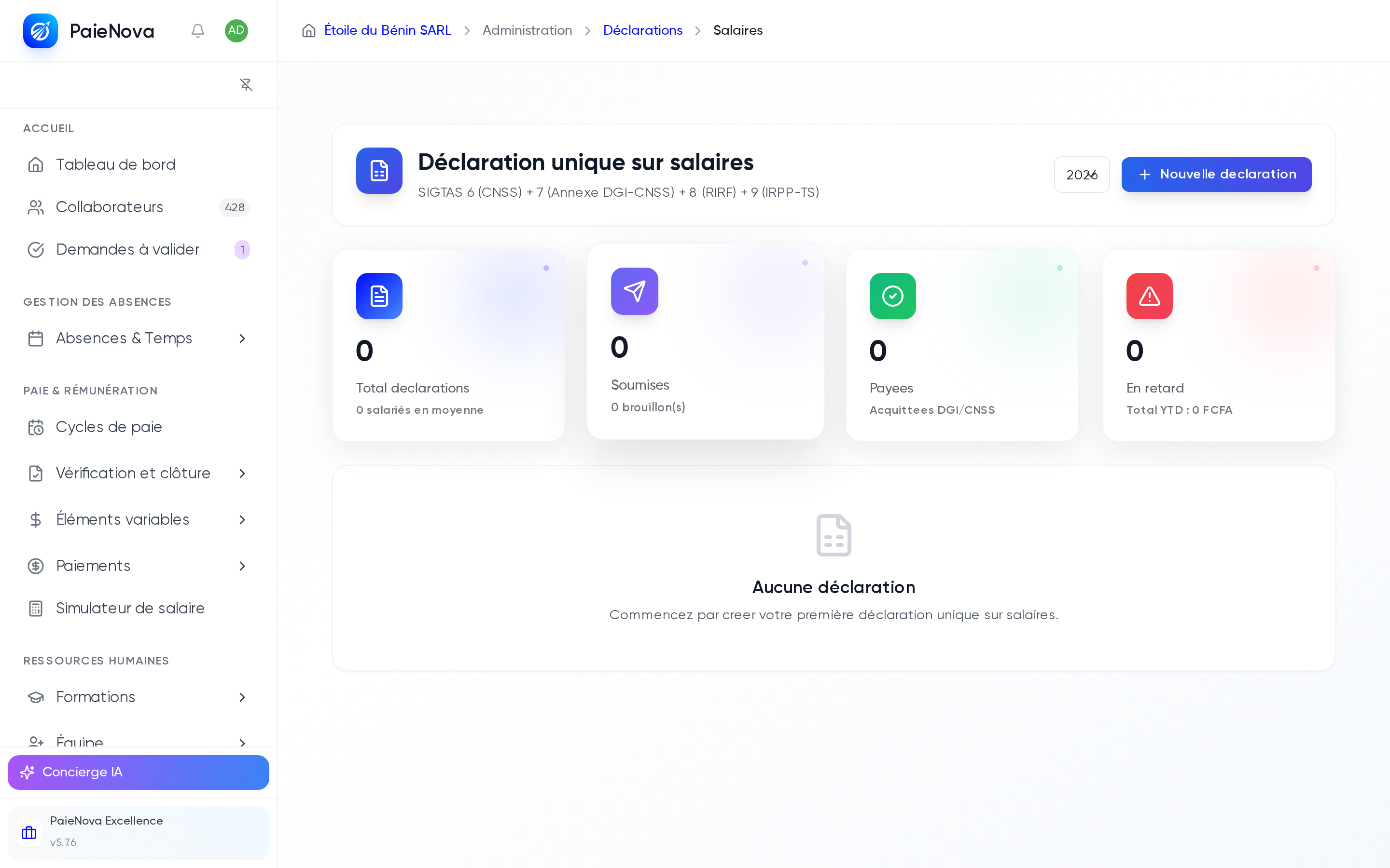 Liste des déclarations uniques sur salaires avec les cartes de statistiques, le filtre par année et le bouton Nouvelle déclaration