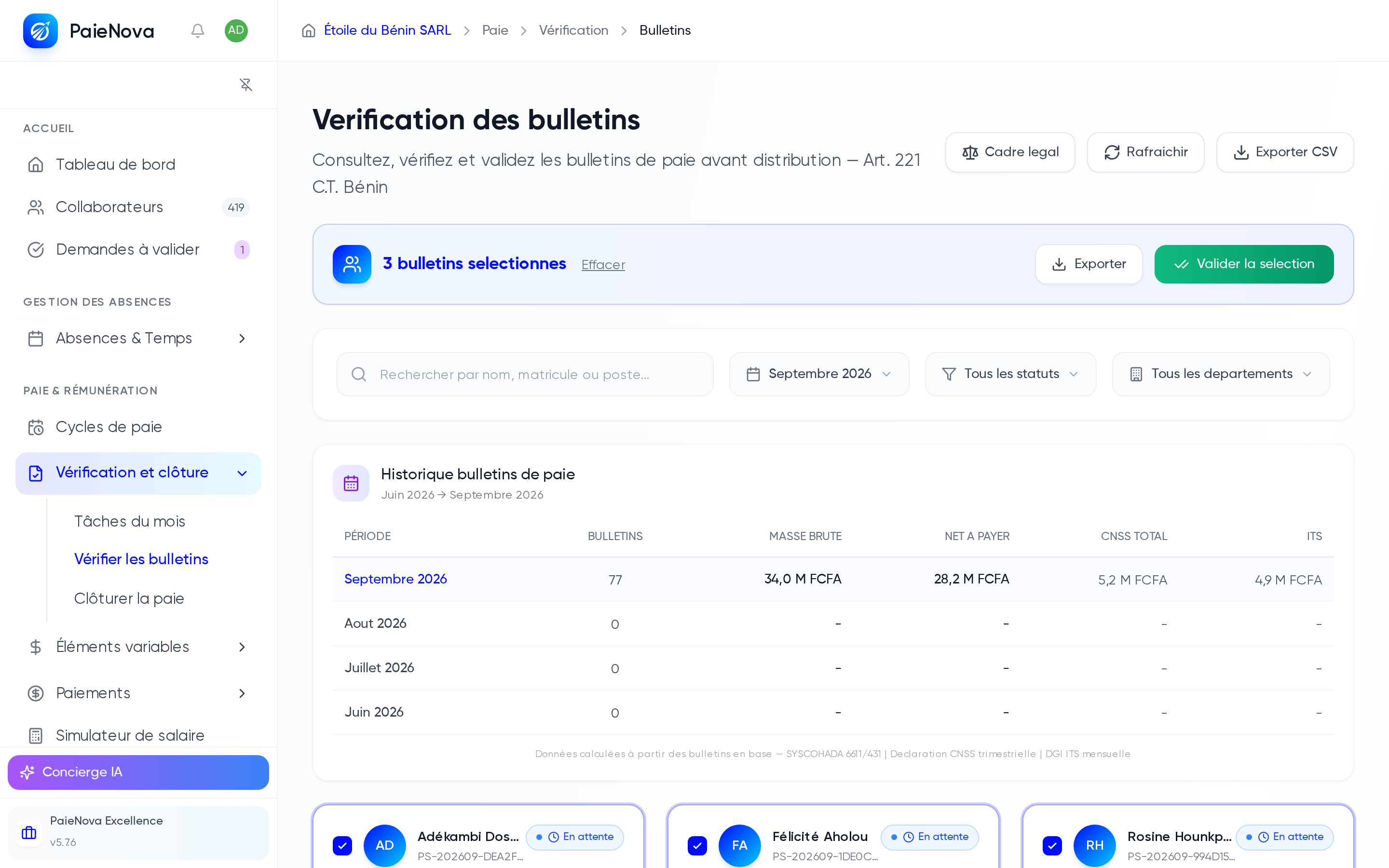 Sélection multiple de bulletins avec la barre d'actions par lot proposant Exporter et Valider la sélection