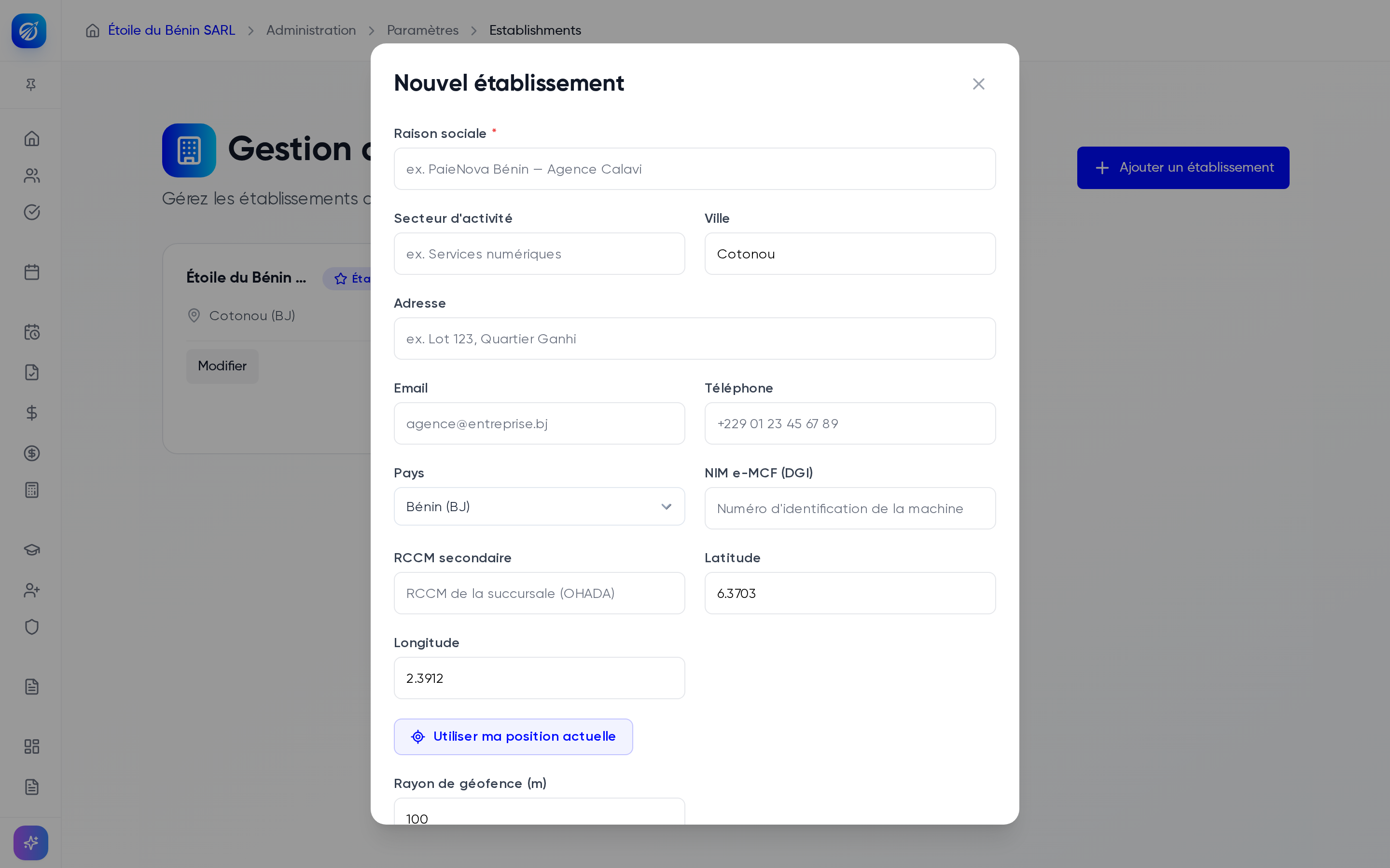 Formulaire Nouvel établissement avec les champs RCCM secondaire, NIM e-MCF et géofence