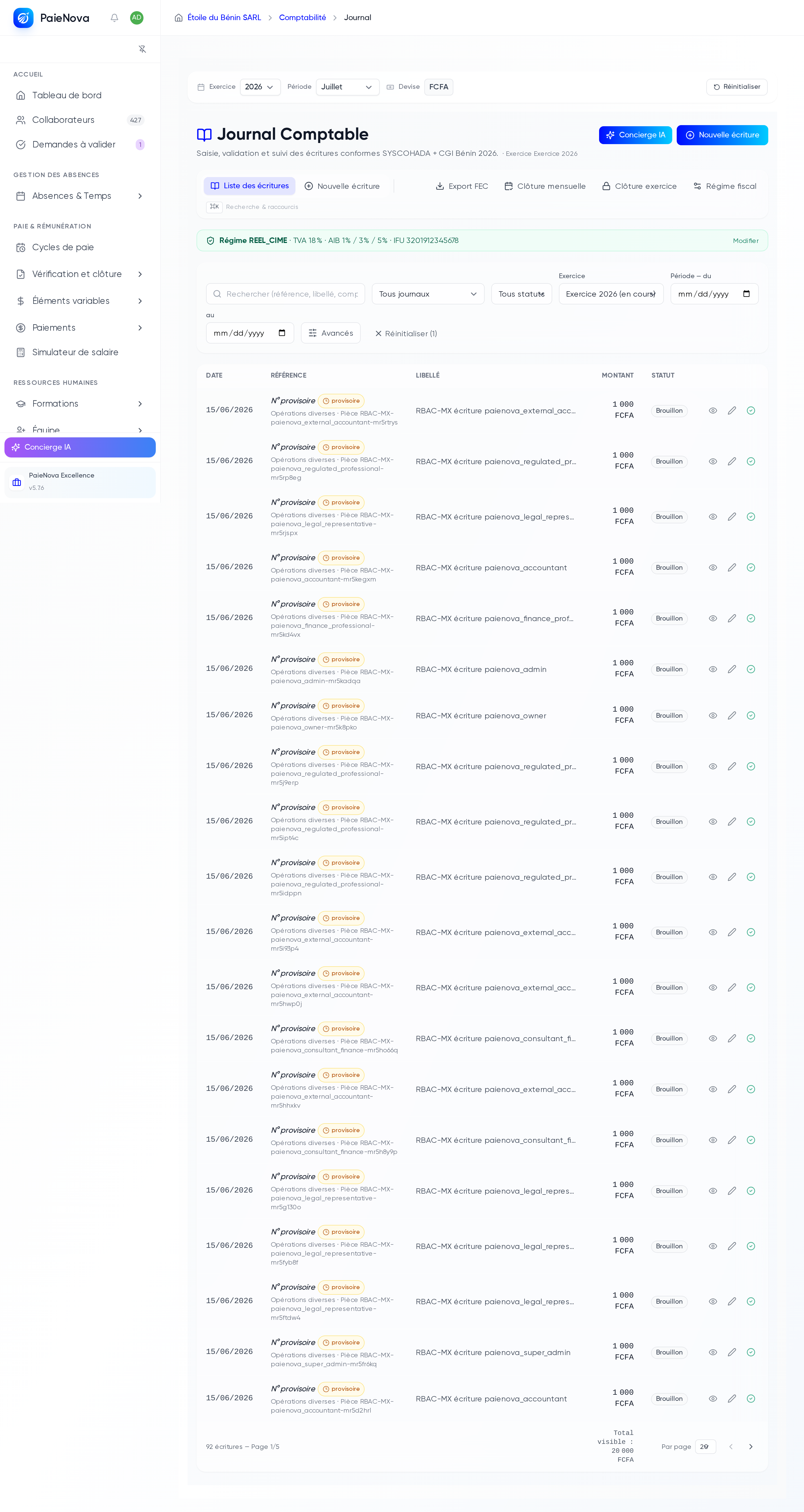 Journal comptable avec la liste des écritures, les filtres de recherche et les badges de statut