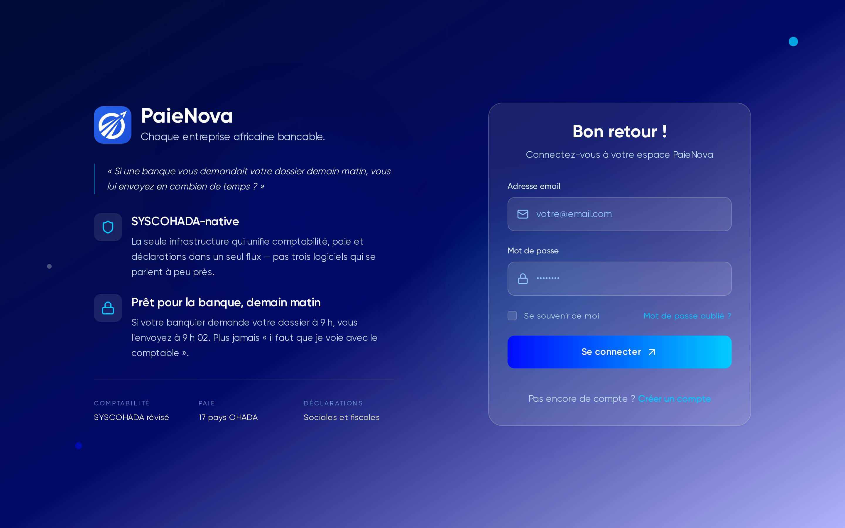 Page de connexion avec le formulaire « Bon retour ! », les champs adresse email et mot de passe