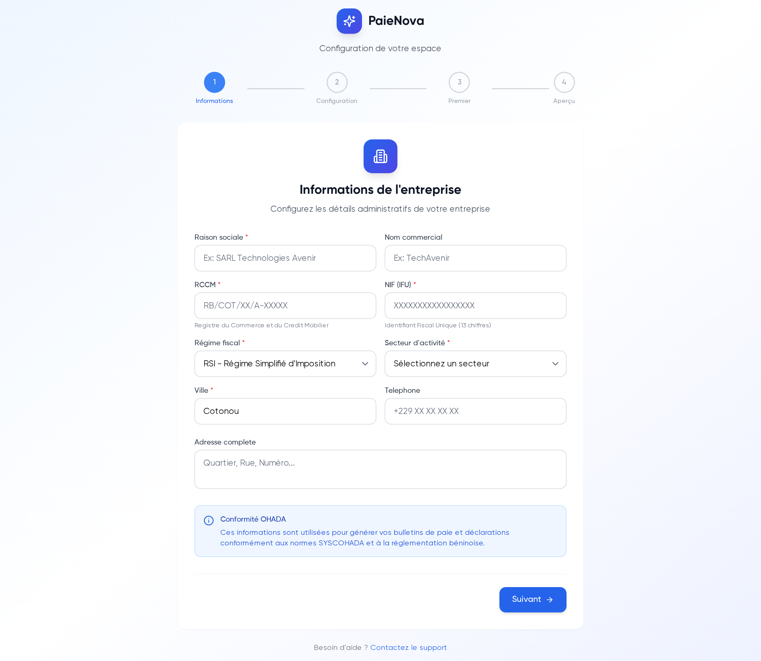Assistant de configuration, étape 1 « Informations de l'entreprise » avec la barre de progression en 4 étapes