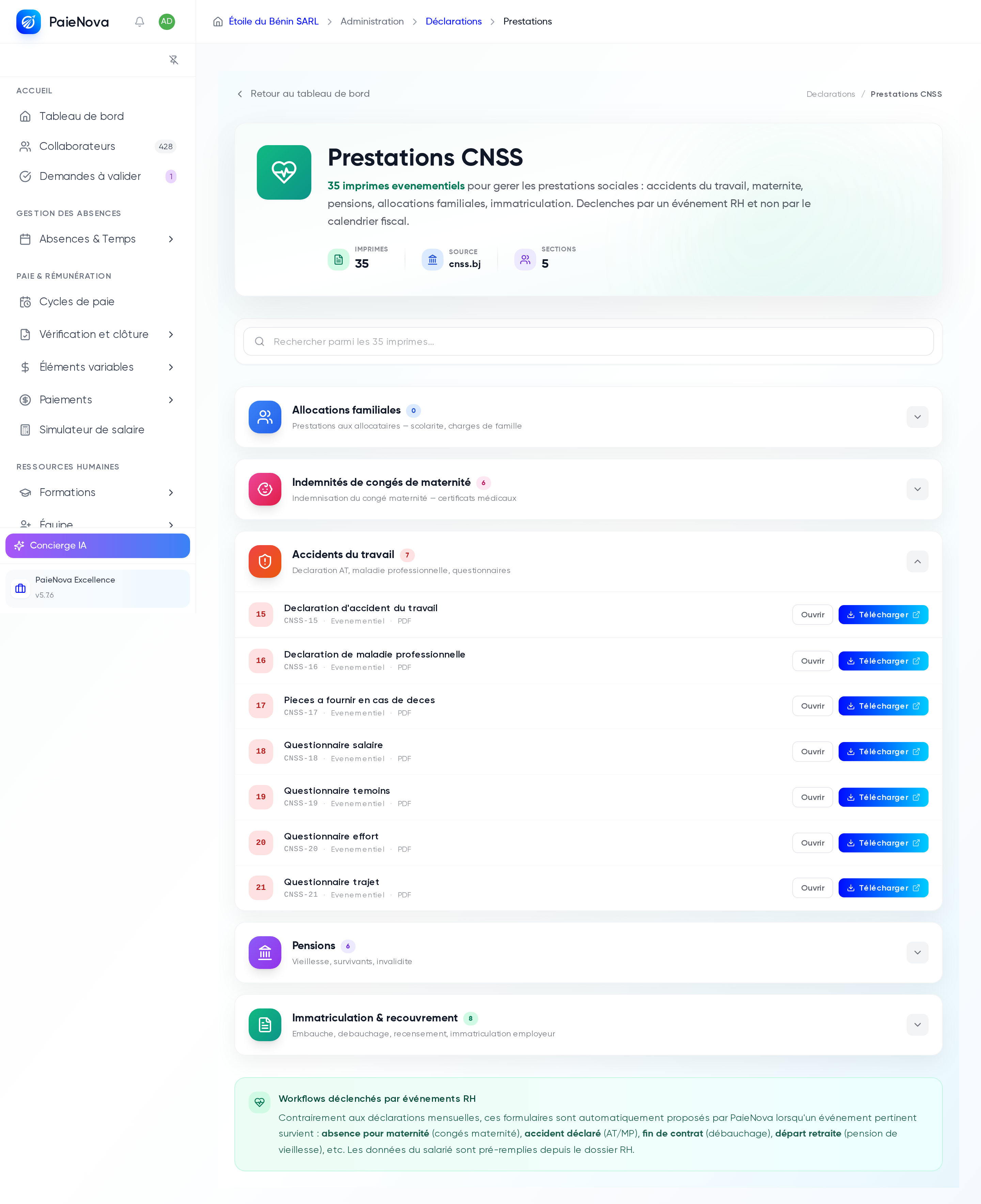 Page Prestations CNSS avec la barre de recherche et les cinq sections officielles, la section Accidents du travail dépliée
