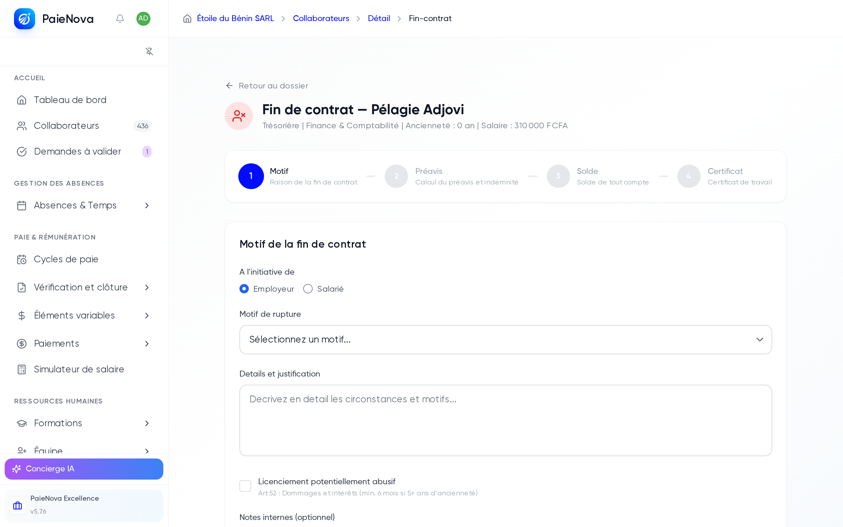 Assistant de fin de contrat, étape Motif avec l'indicateur des quatre étapes Motif, Préavis, Solde et Certificat
