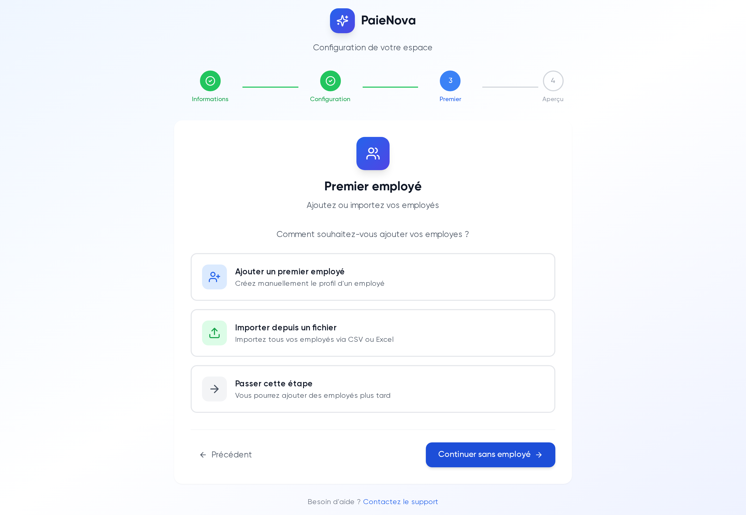 Étape 3 « Premier employé » avec les trois options : ajouter un premier employé, importer depuis un fichier ou passer cette étape