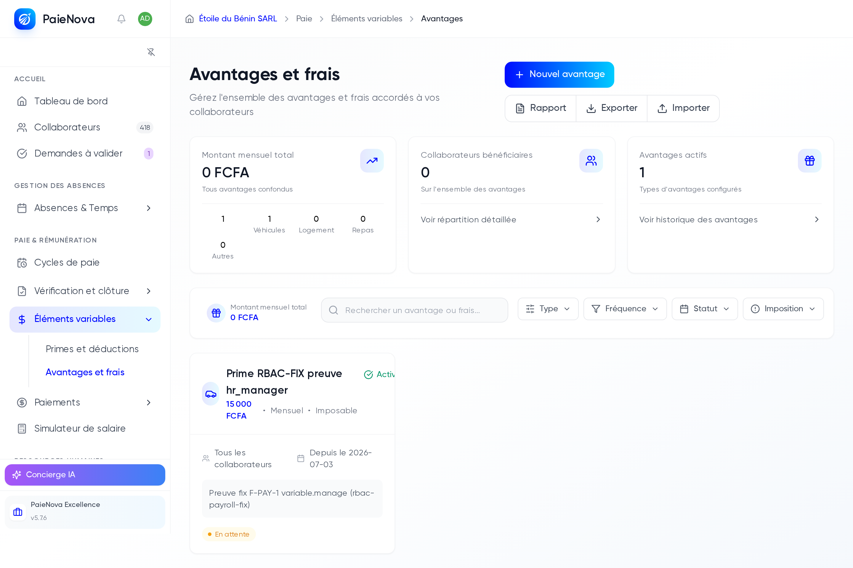 Page Avantages et frais avec les statistiques, les filtres et les cartes d'avantages configurés