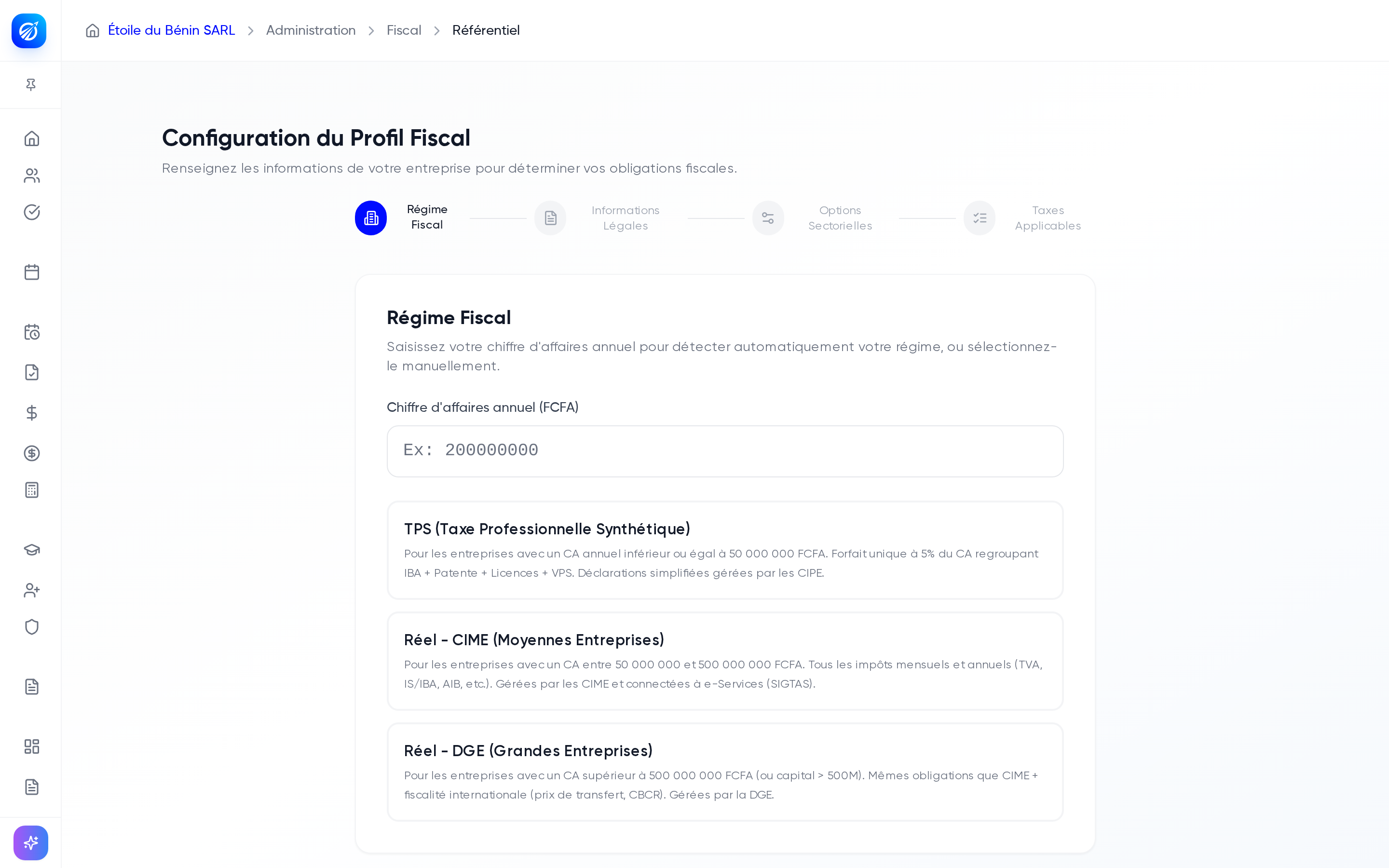 Assistant de configuration du profil fiscal, étape Régime Fiscal avec les cartes TPS, Réel CIME et Réel DGE