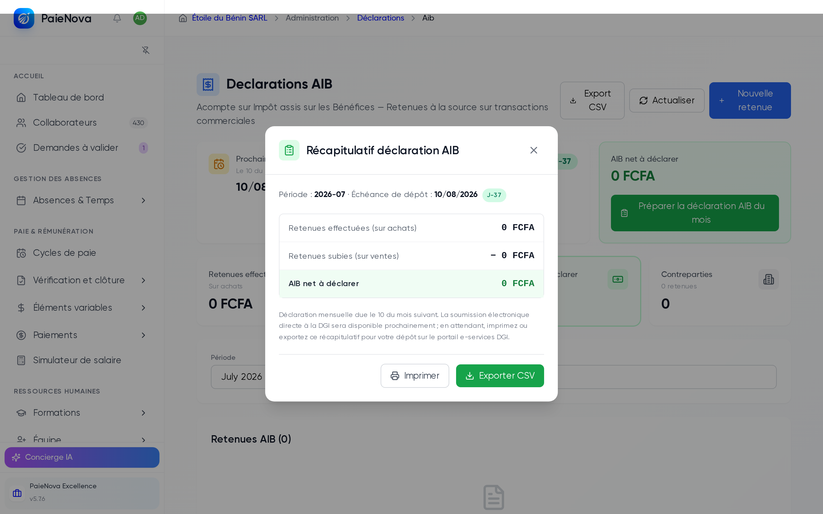 Fenêtre Récapitulatif déclaration AIB avec les retenues effectuées et subies, le net à déclarer et les boutons Imprimer et Exporter CSV