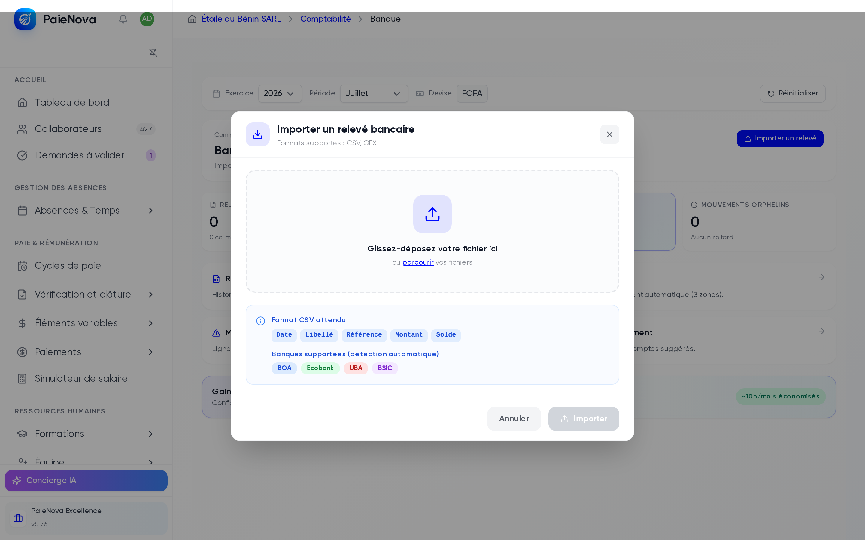 Fenêtre d'import d'un relevé bancaire avec la zone de dépôt et le rappel des formats supportés CSV et OFX
