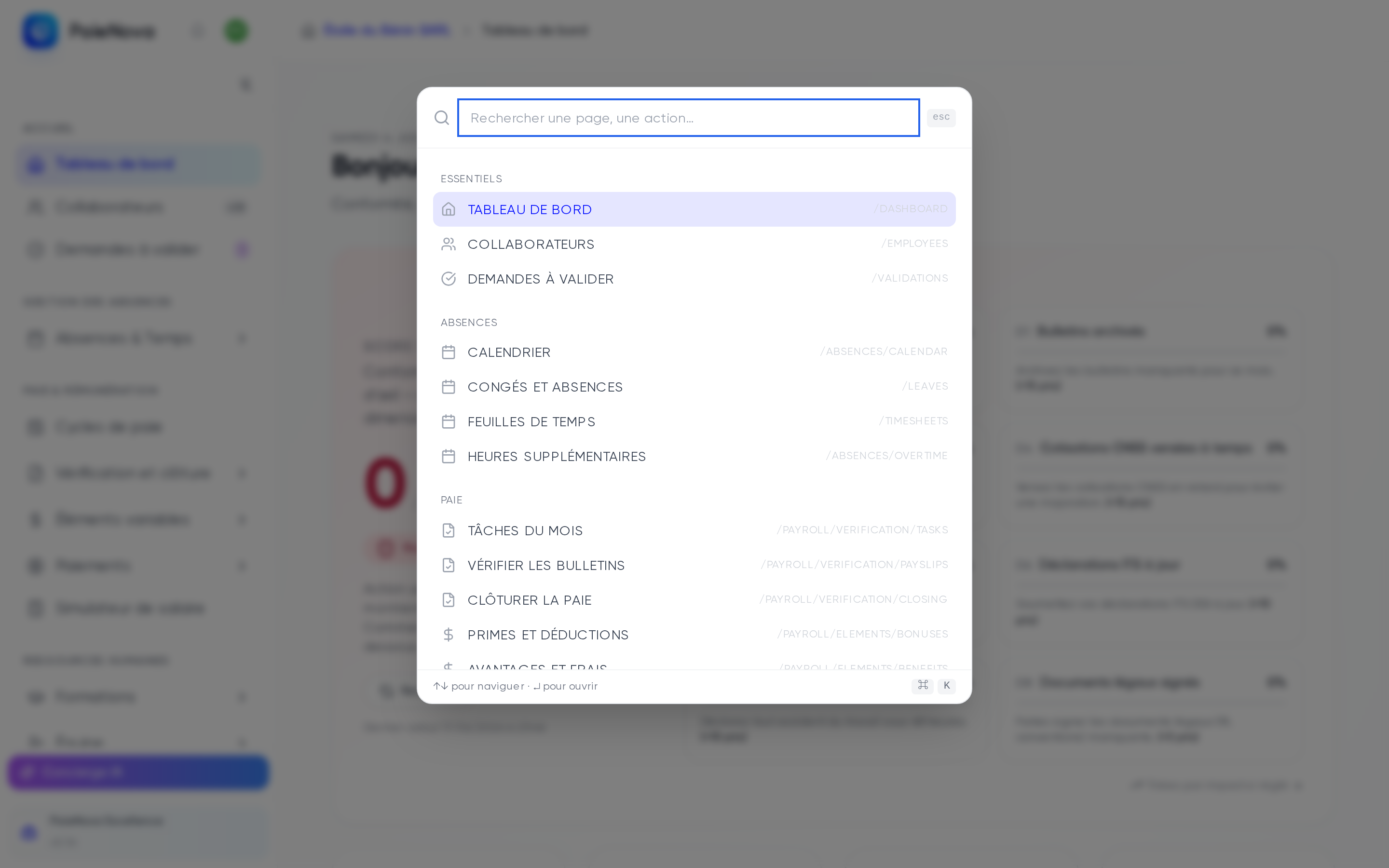 Palette de recherche rapide ouverte avec le champ « Rechercher une page, une action… » et les sections Essentiels, Absences et Paie