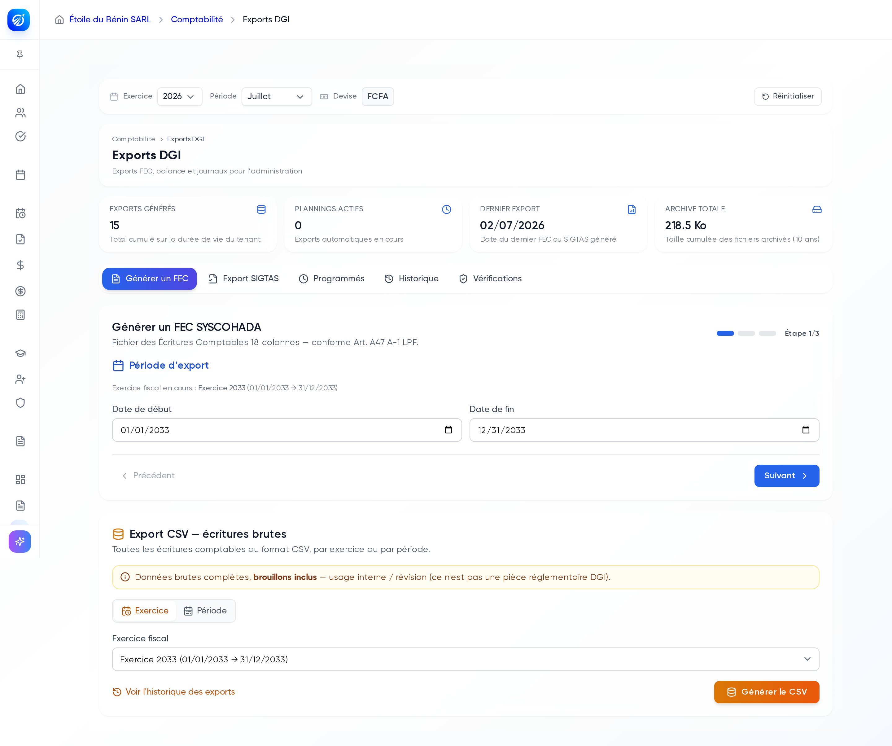 Hub Exports DGI avec ses onglets Générer un FEC, Export SIGTAS, Programmés, Historique et Vérifications