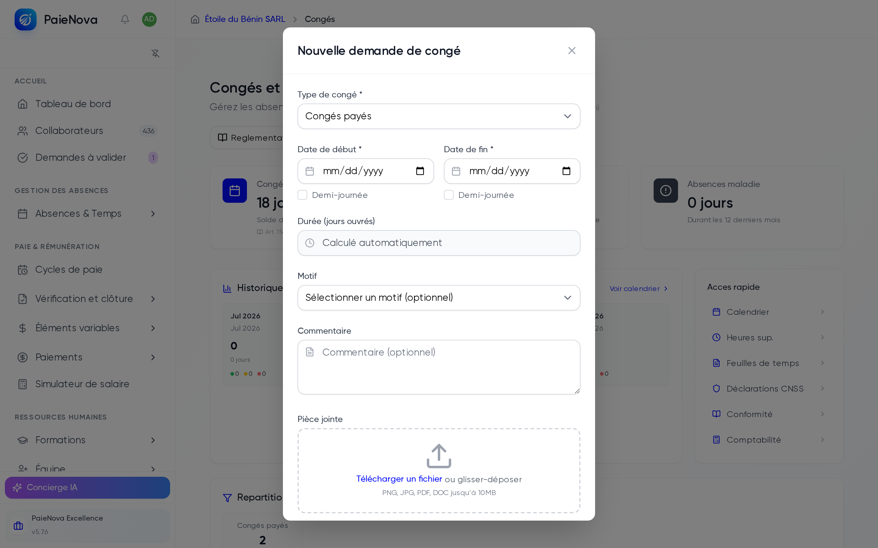 Formulaire Nouvelle demande de congé avec le type de congé, les dates et la durée calculée automatiquement