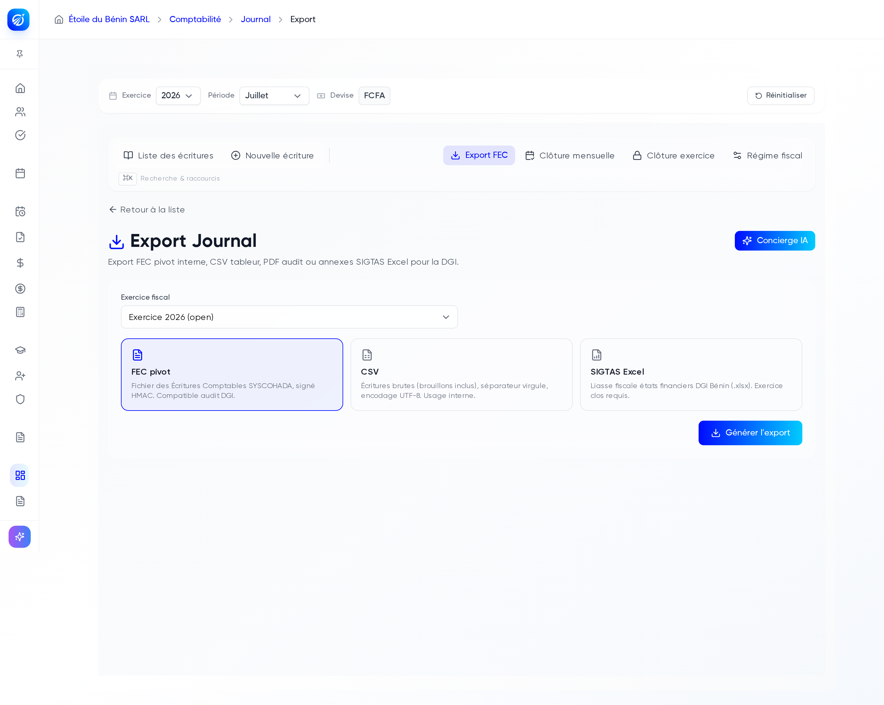 Page Export Journal avec le panneau d'export FEC et les annexes SIGTAS