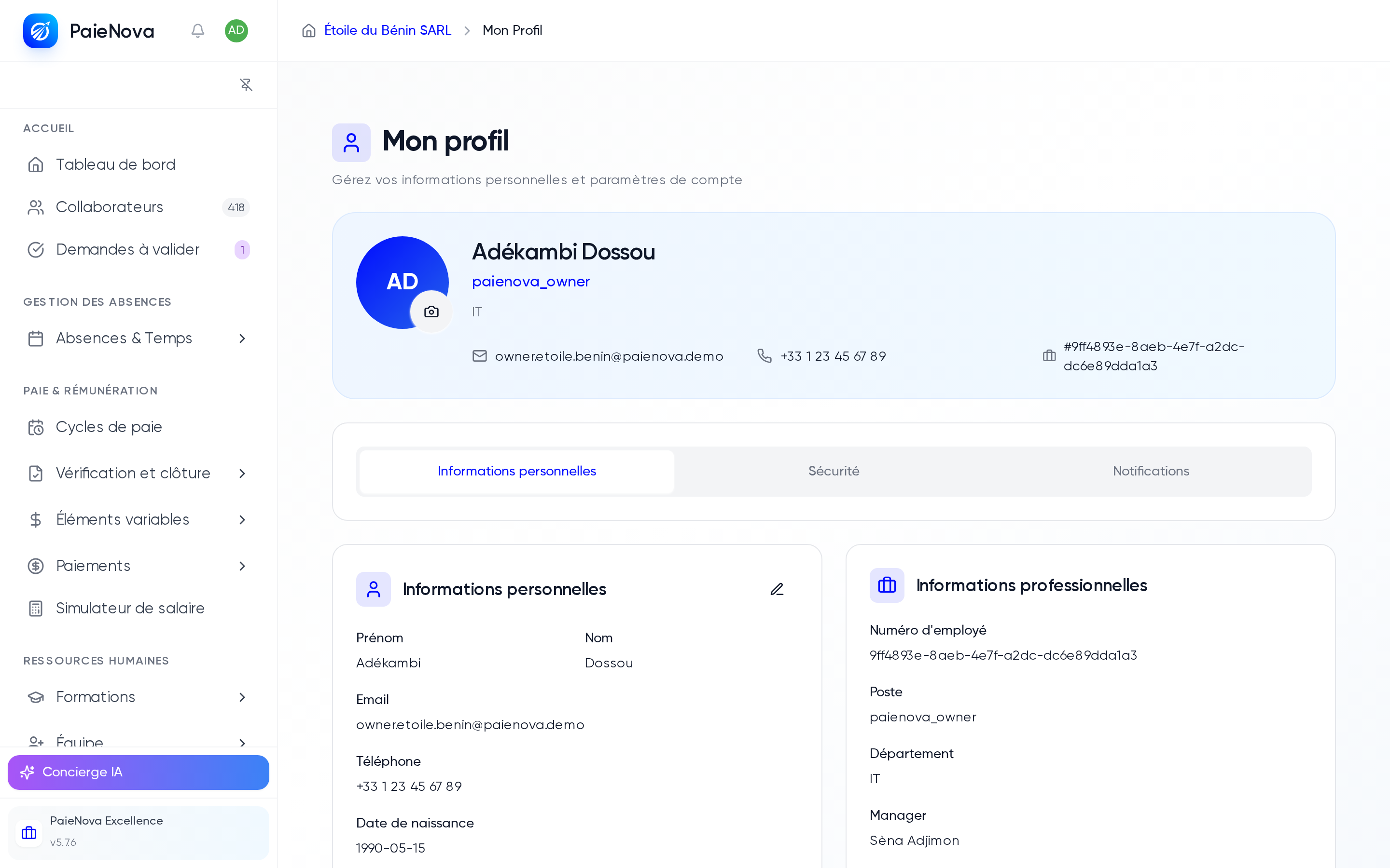 Page « Mon profil » avec les onglets Informations personnelles, Sécurité et Notifications
