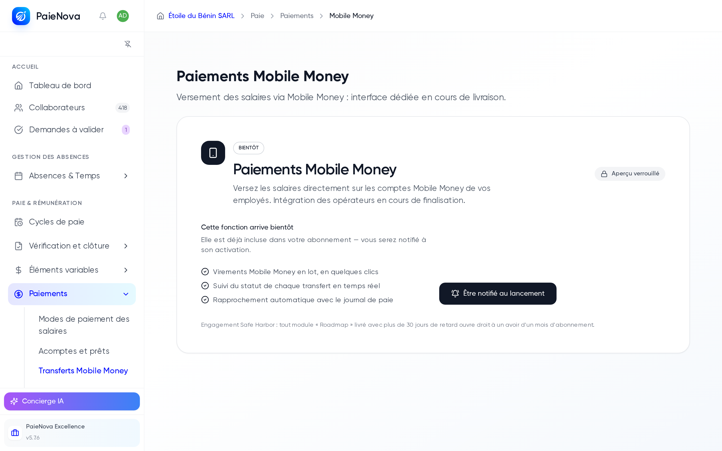 Panneau Bientôt de la page Paiements Mobile Money, fonctionnalité en cours de livraison