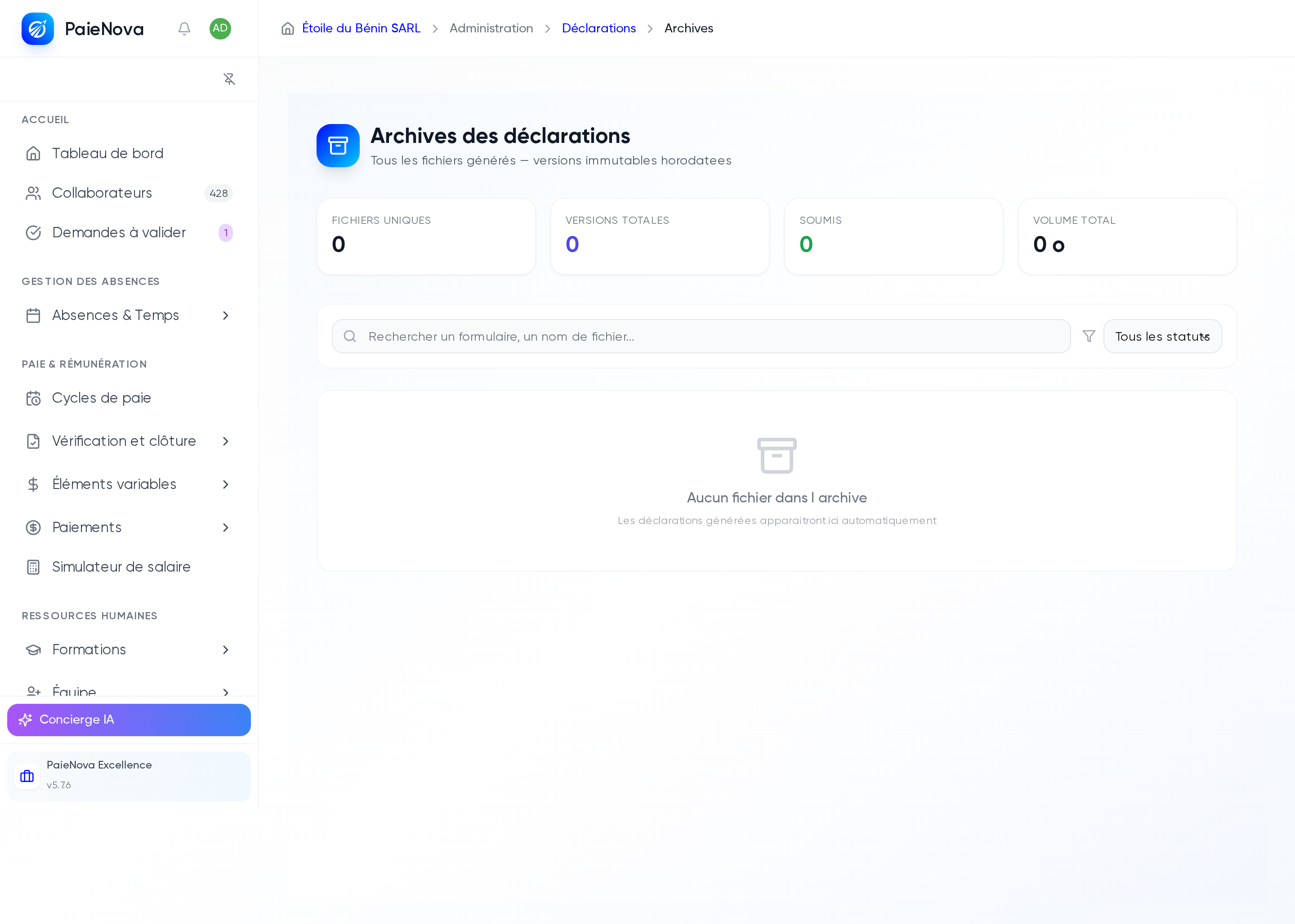 Page Archives des déclarations avec les compteurs de fichiers et de versions, la recherche et le filtre par statut, vide avant toute génération