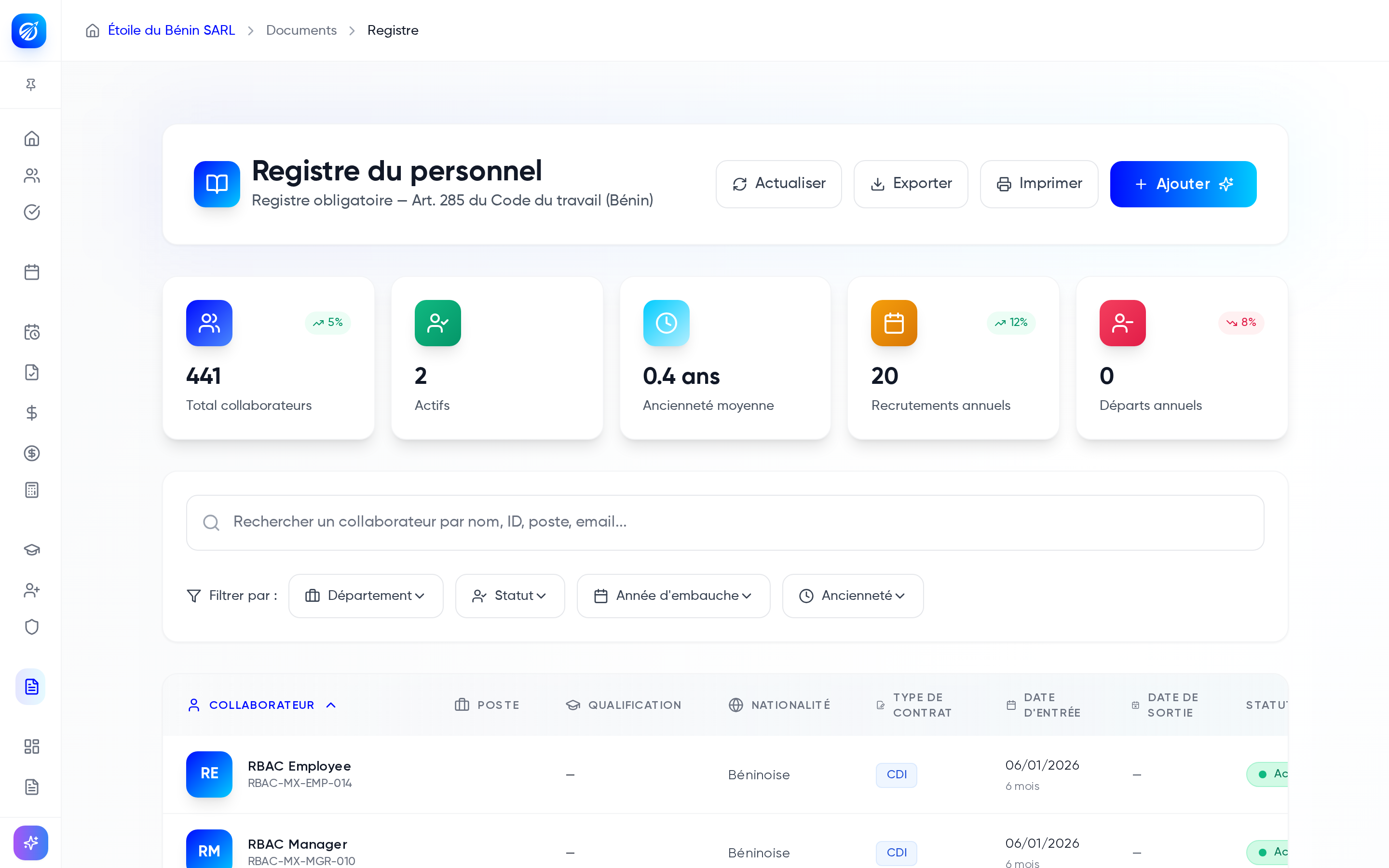Registre du personnel avec la mention Registre obligatoire Art. 285 du Code du travail du Bénin, les statistiques et les filtres