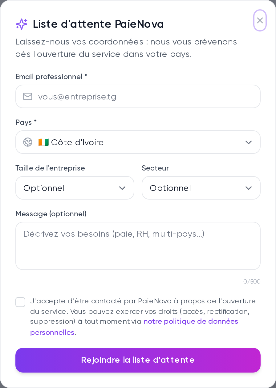 Fenêtre « Liste d'attente PaieNova » après sélection d'un pays à venir, avec les champs email, pays et message