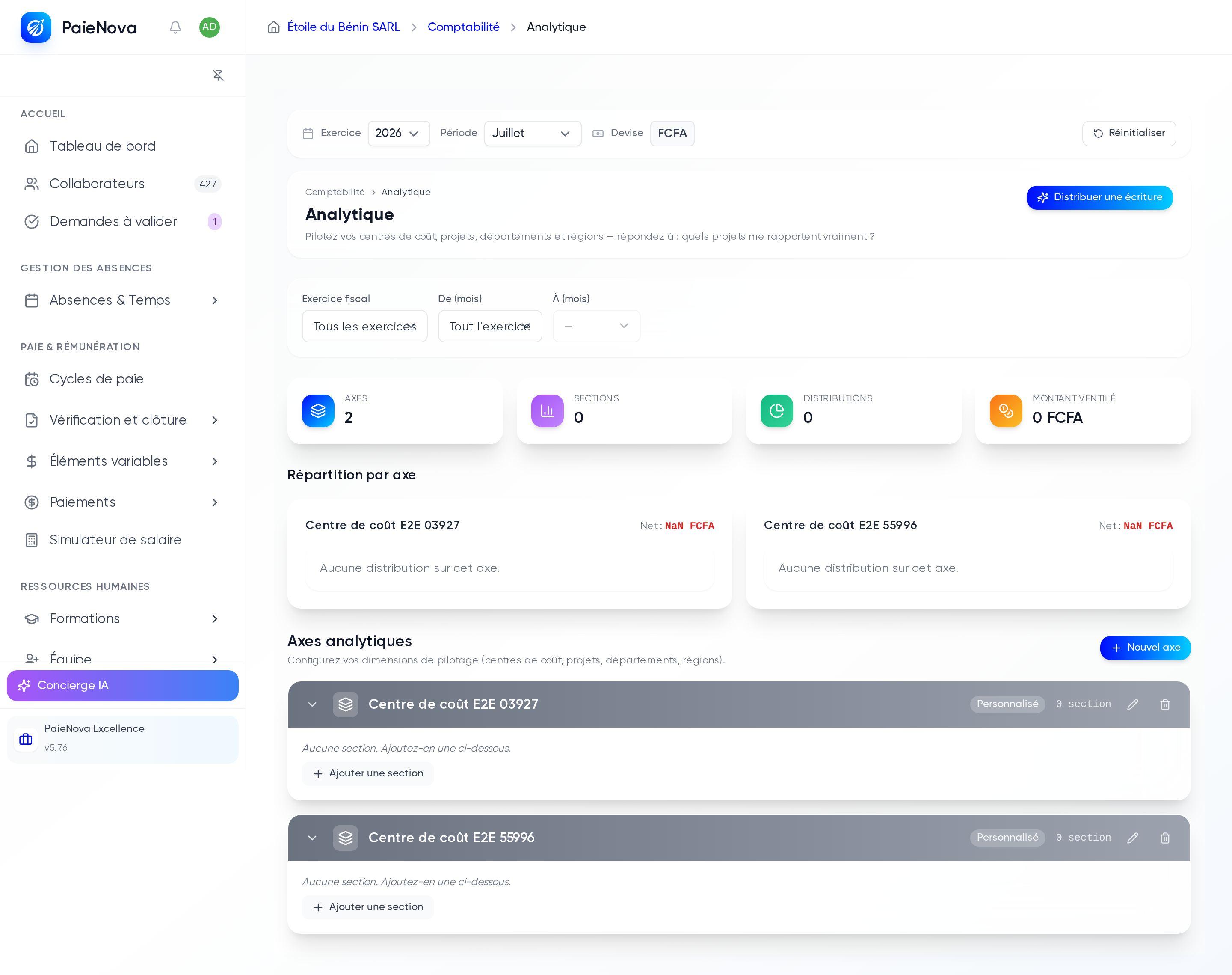 Hub Analytique avec les indicateurs Axes, Sections, Distributions et Montant ventilé et la gestion des axes