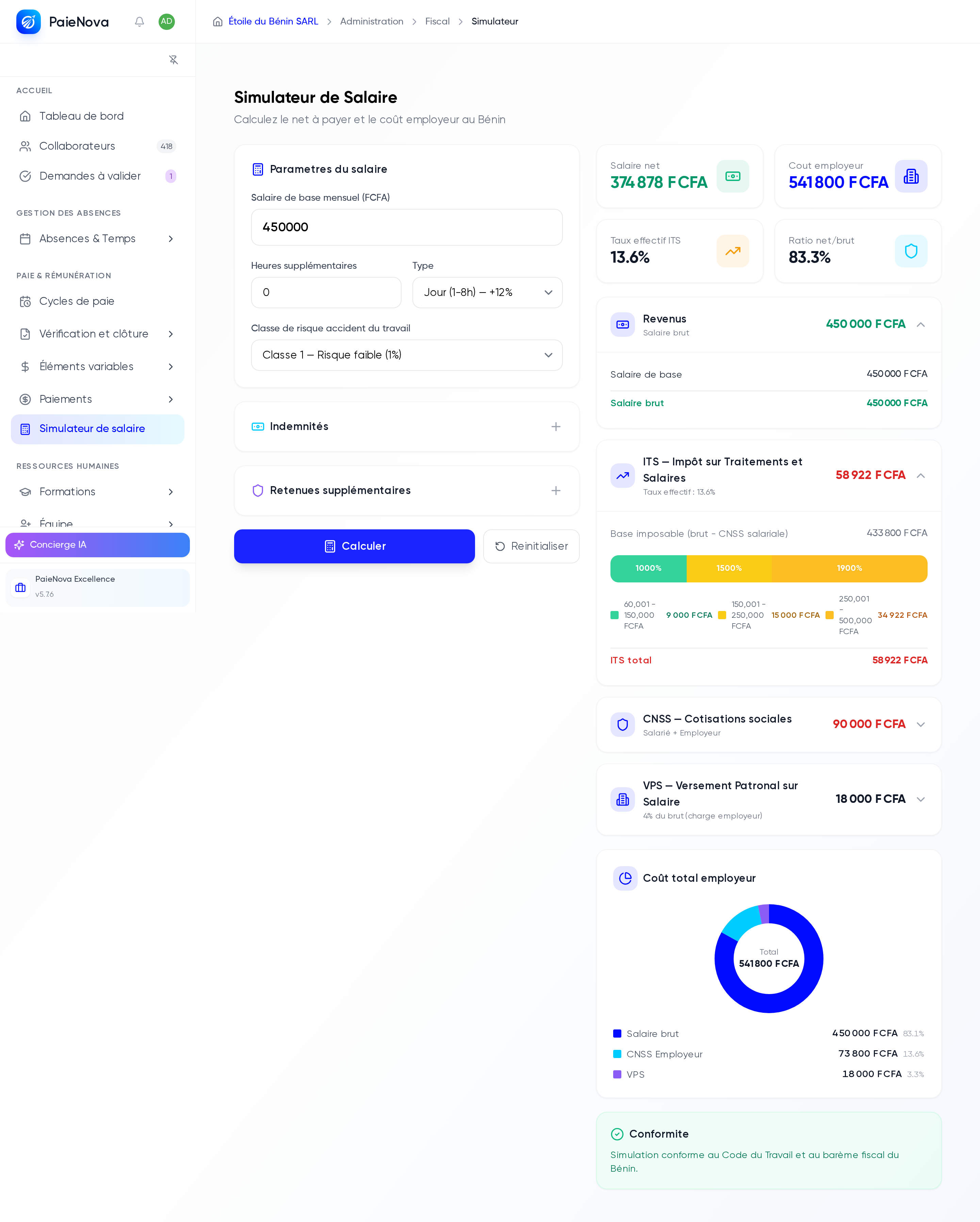 Page Simulateur de Salaire avec le formulaire de saisie des paramètres et les résultats du calcul