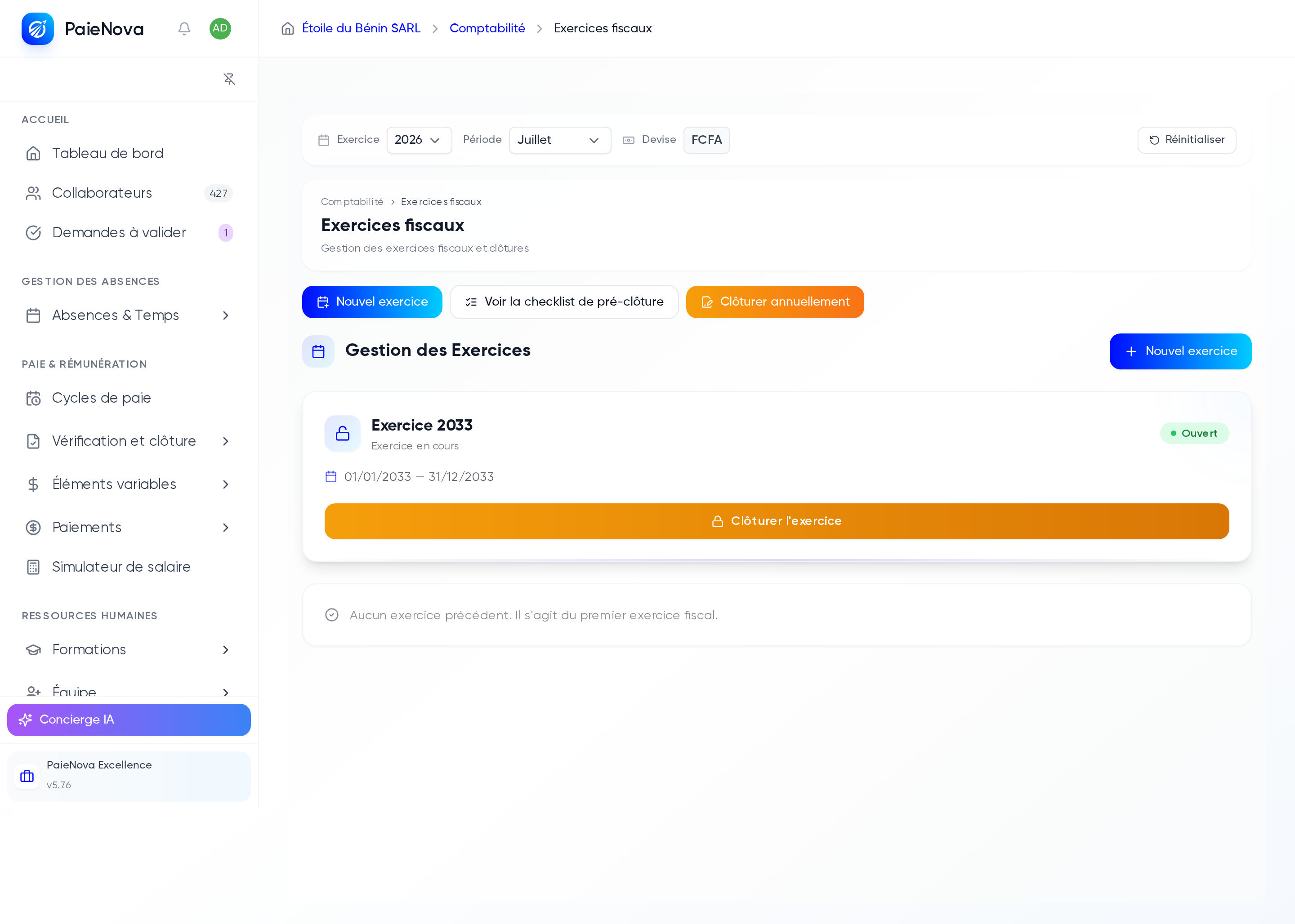 Page Exercices fiscaux avec la liste des exercices et la barre d'actions