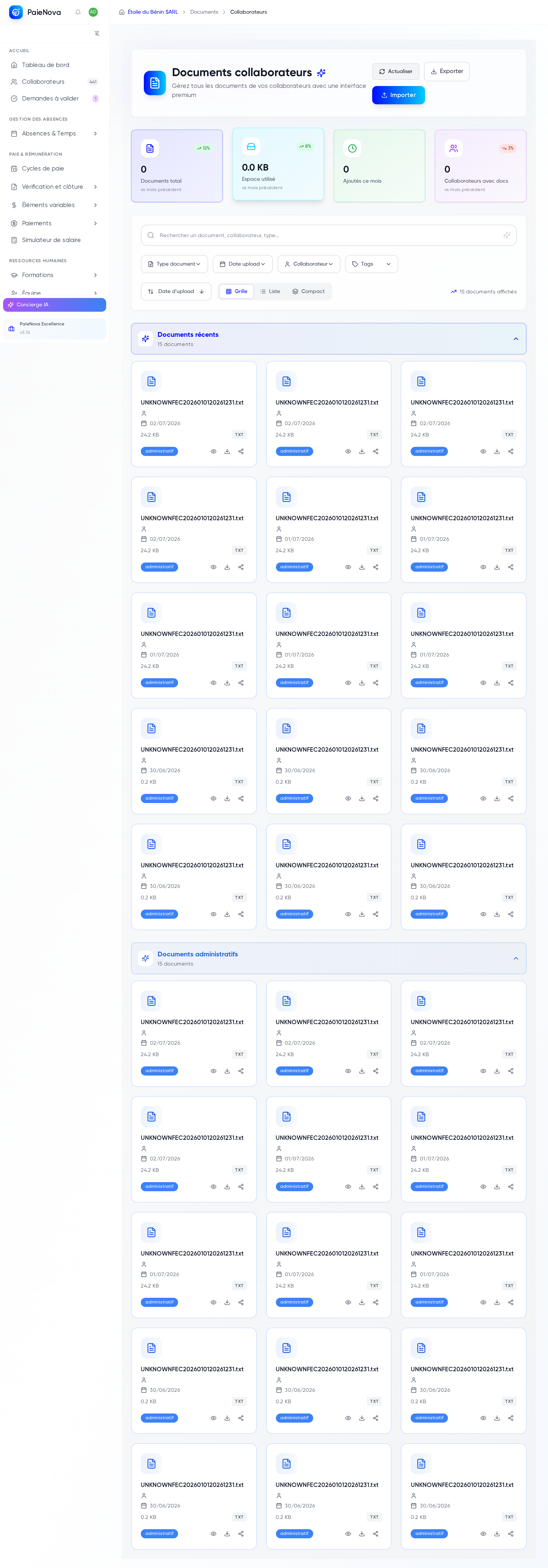 Page Documents collaborateurs avec les statistiques et les sections de documents