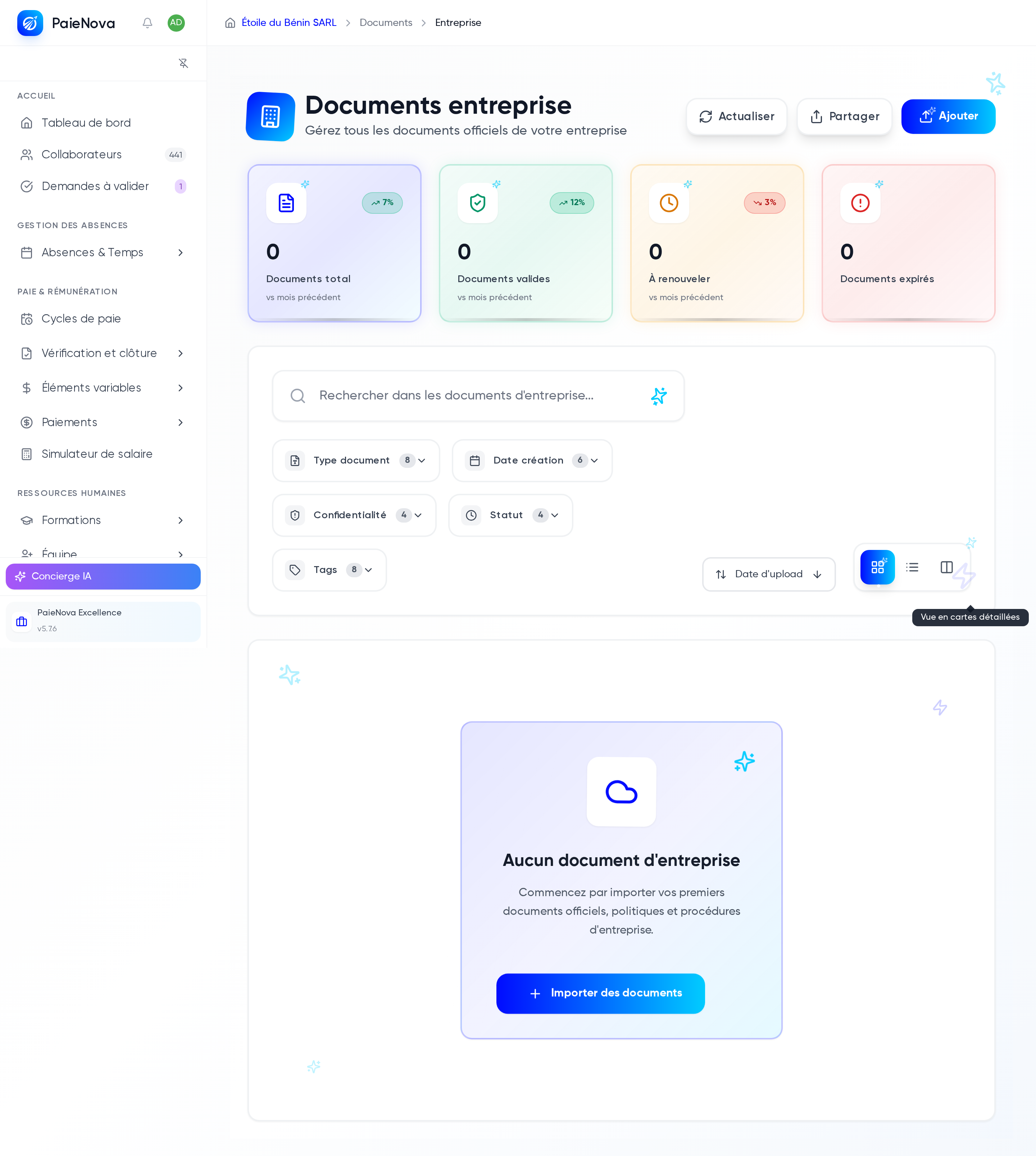 Page Documents entreprise avec les statistiques et l'invitation à importer les premiers documents