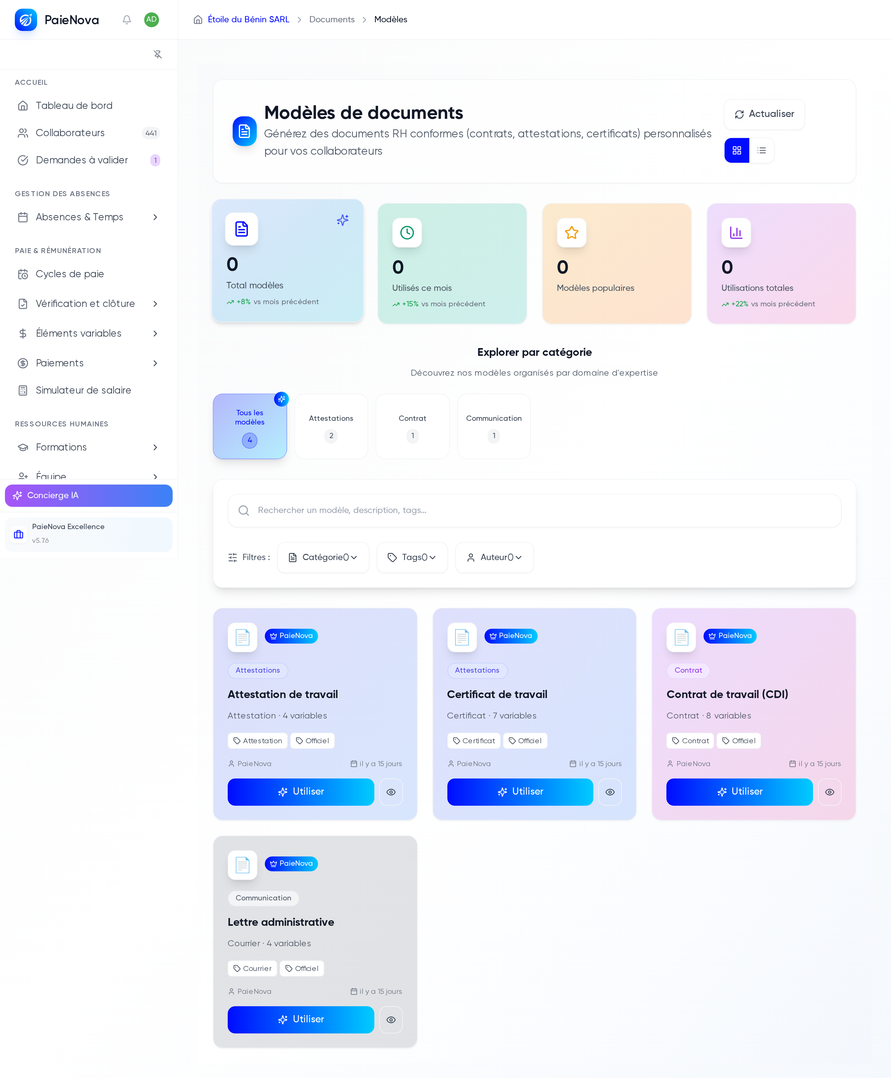 Page Modèles de documents avec les statistiques, les catégories et les cartes de modèles
