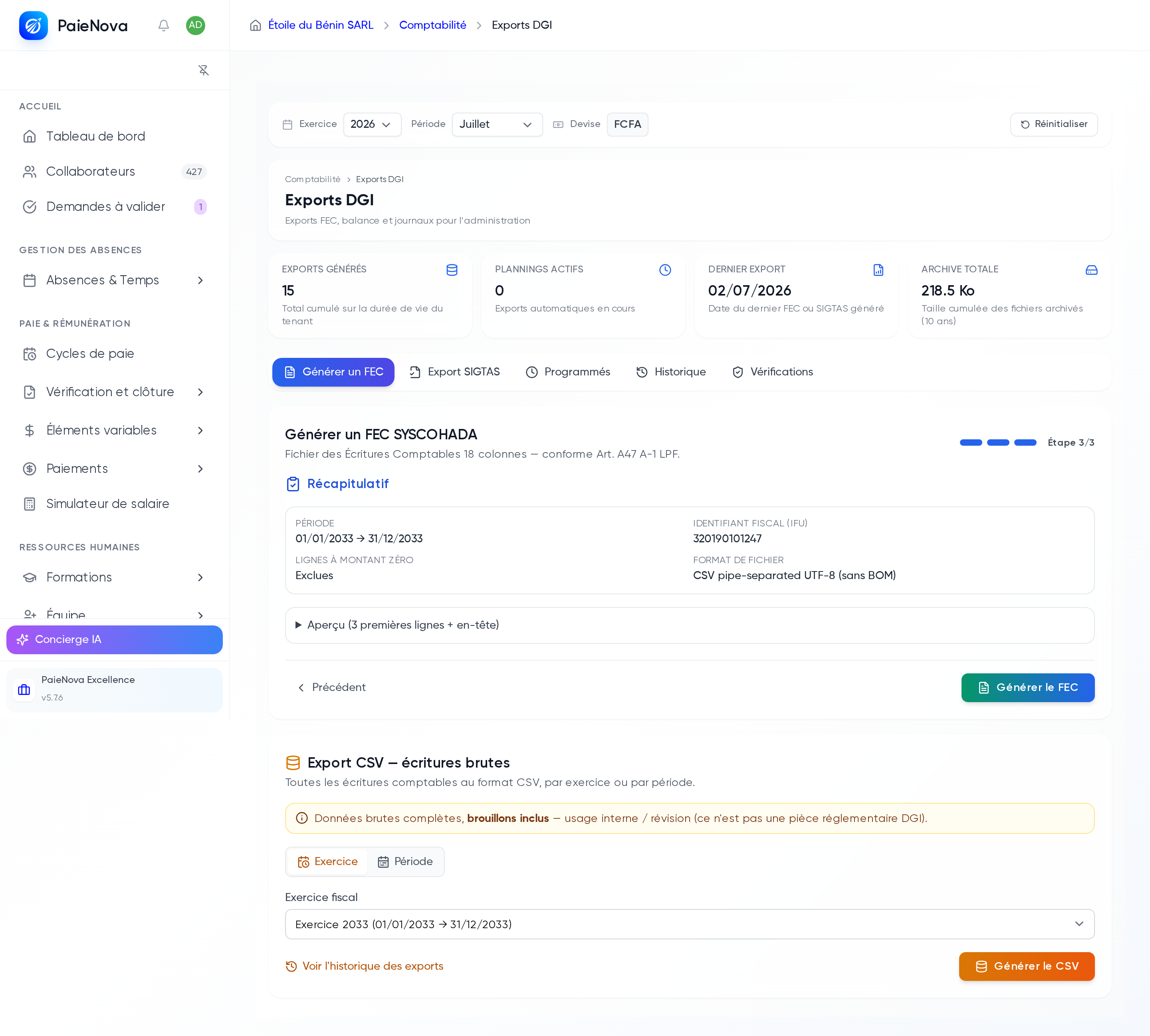 Assistant de génération du FEC à l'étape 3 sur 3 avec le récapitulatif avant lancement