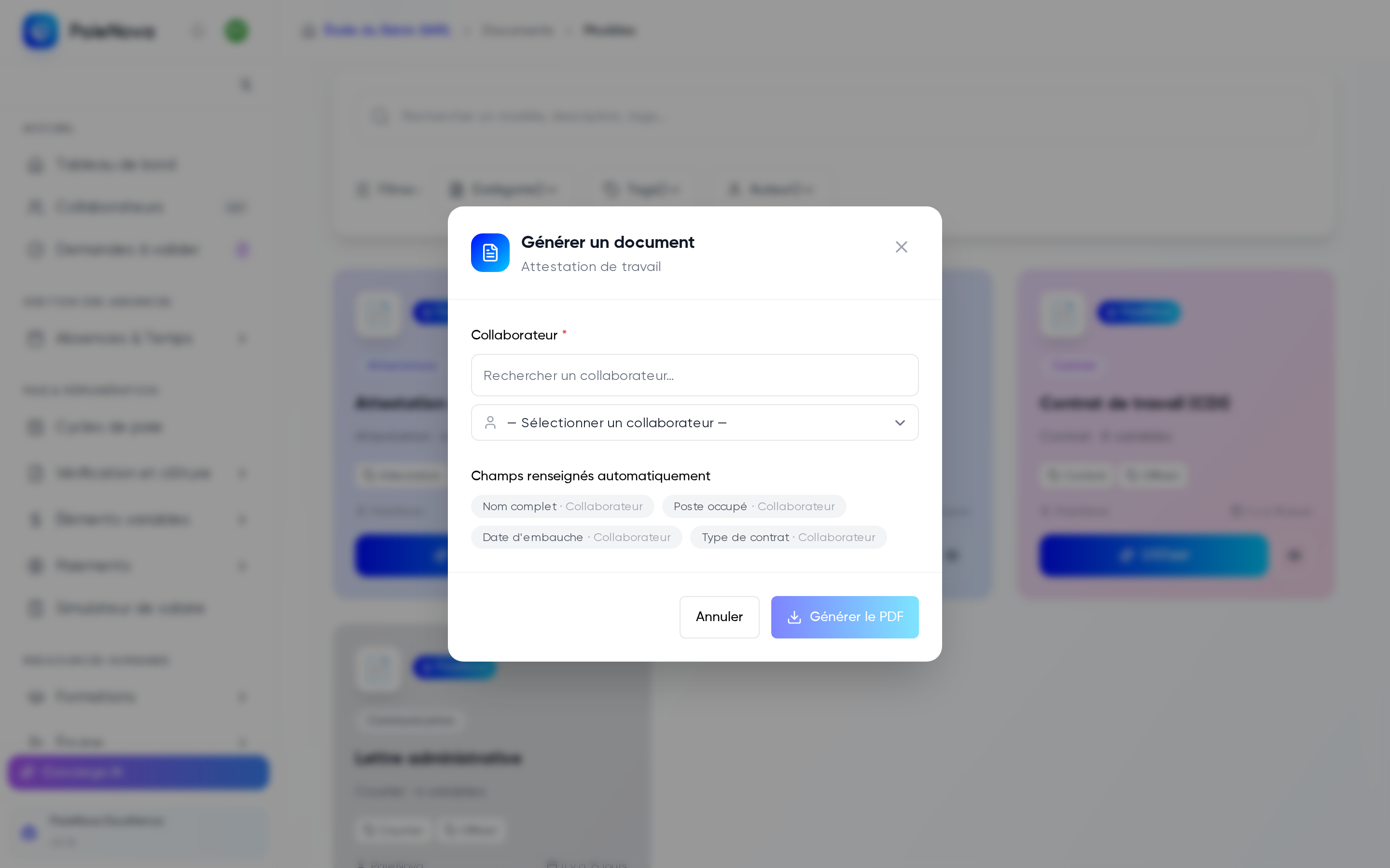 Fenêtre Générer un document avec la sélection du collaborateur, les champs renseignés automatiquement et le bouton Générer le PDF