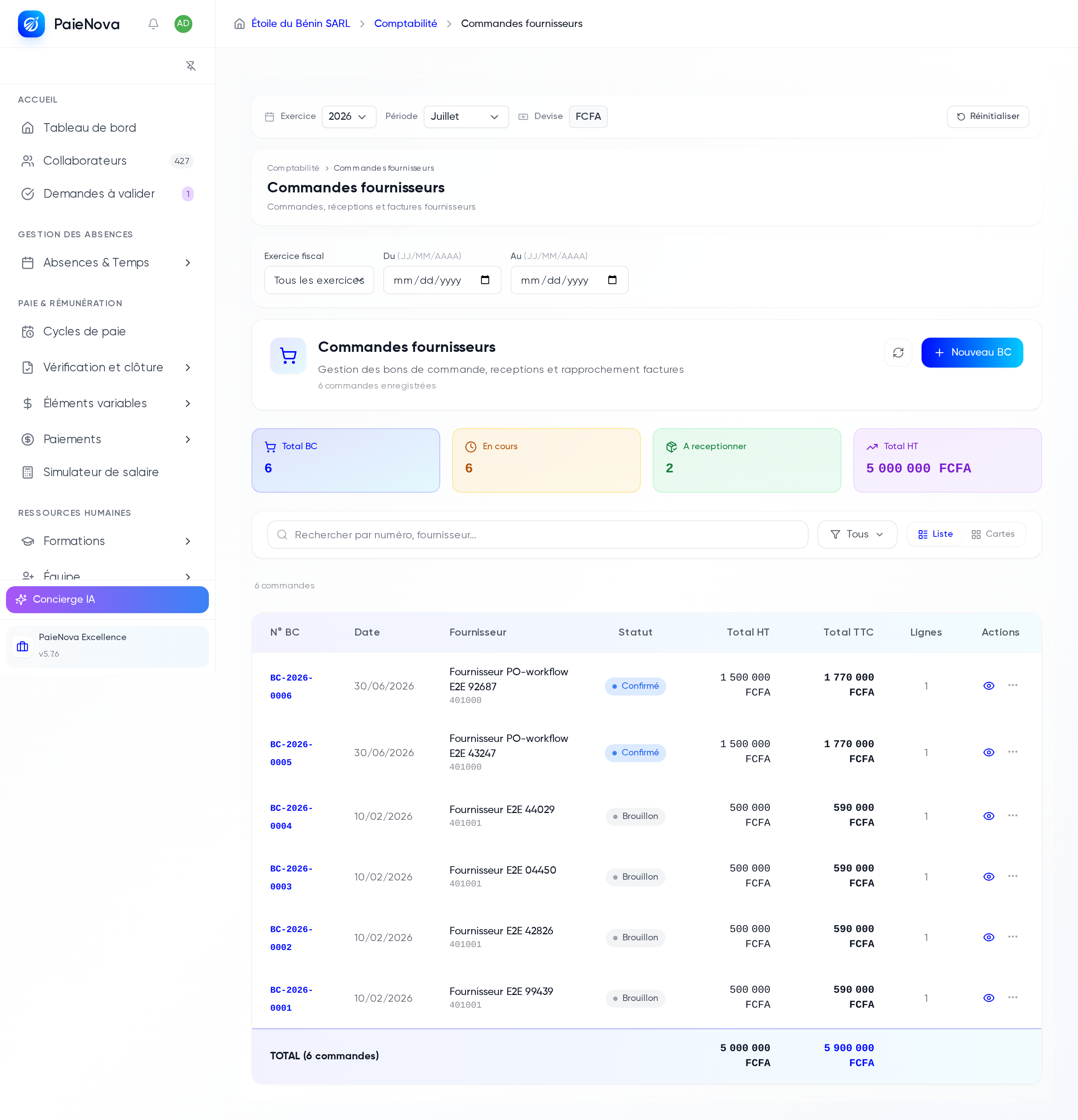 Page Commandes fournisseurs avec les indicateurs et la liste des bons de commande filtrable par statut
