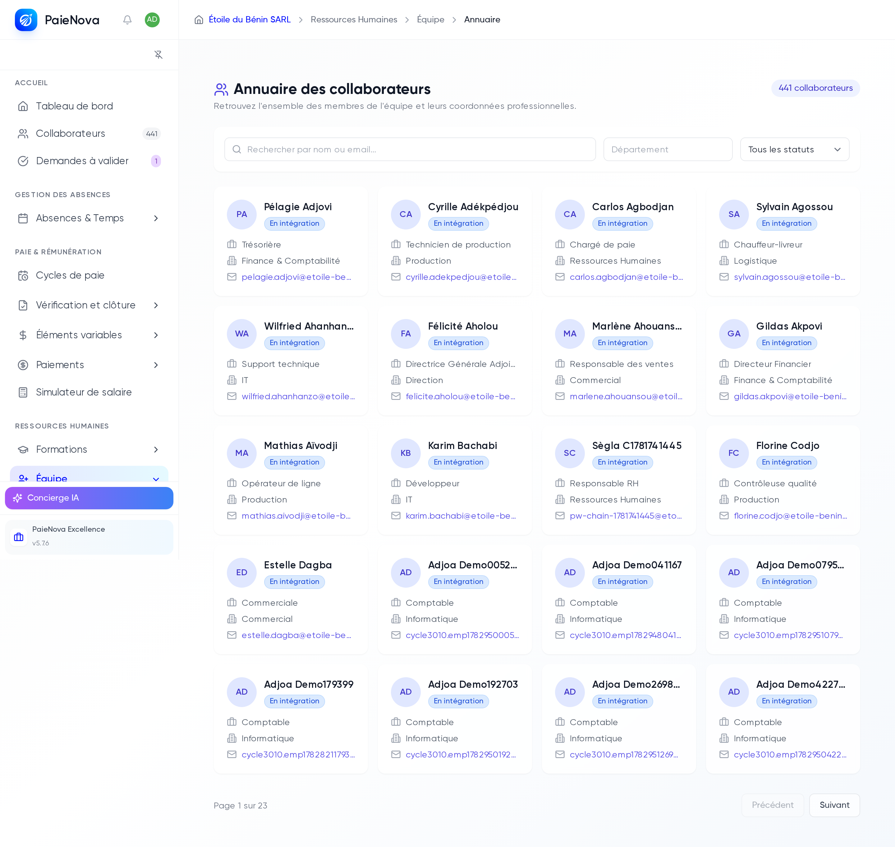 Annuaire des collaborateurs avec les cartes aux informations professionnelles