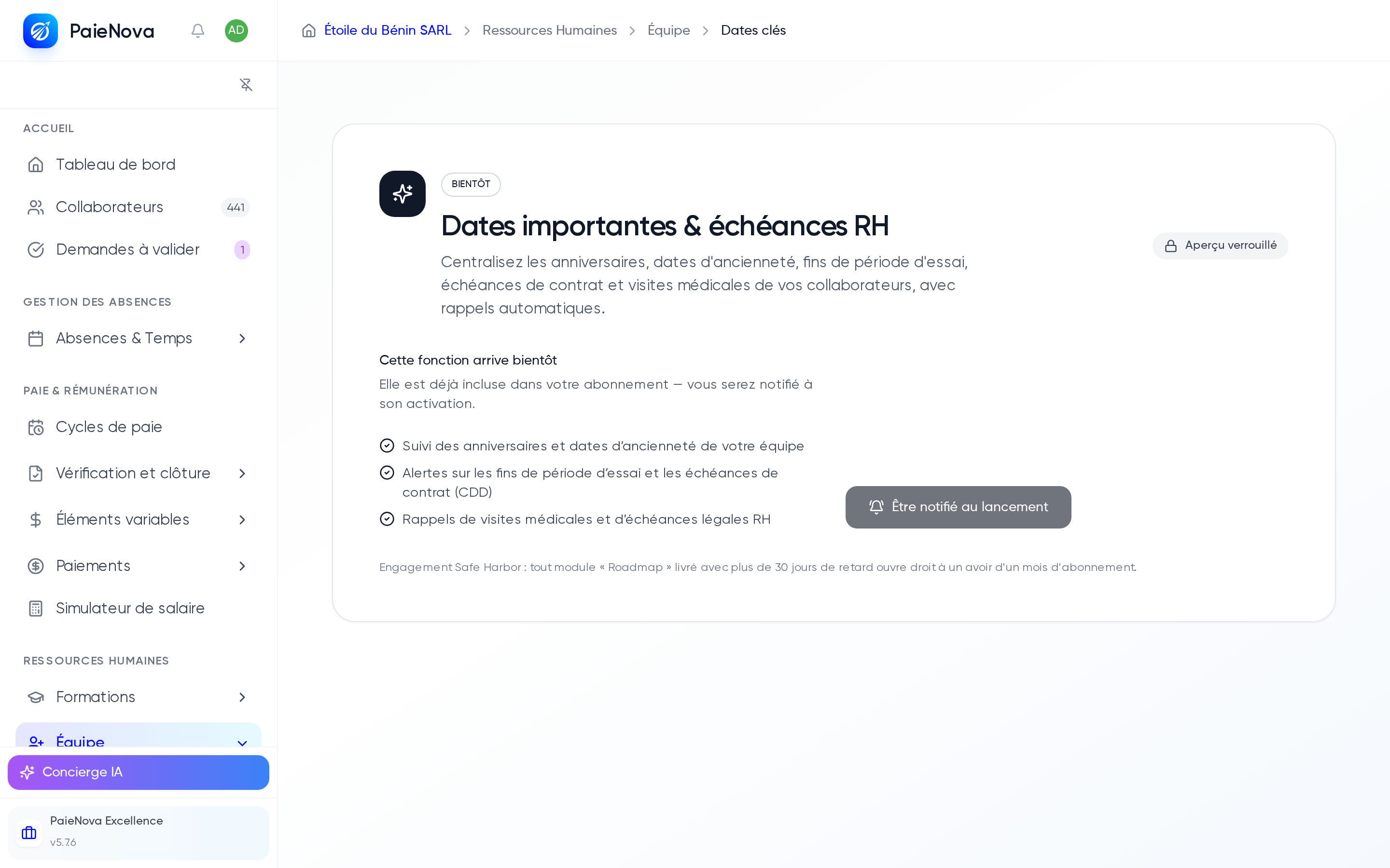Page Dates importantes annoncée comme à venir, avec l'aperçu verrouillé